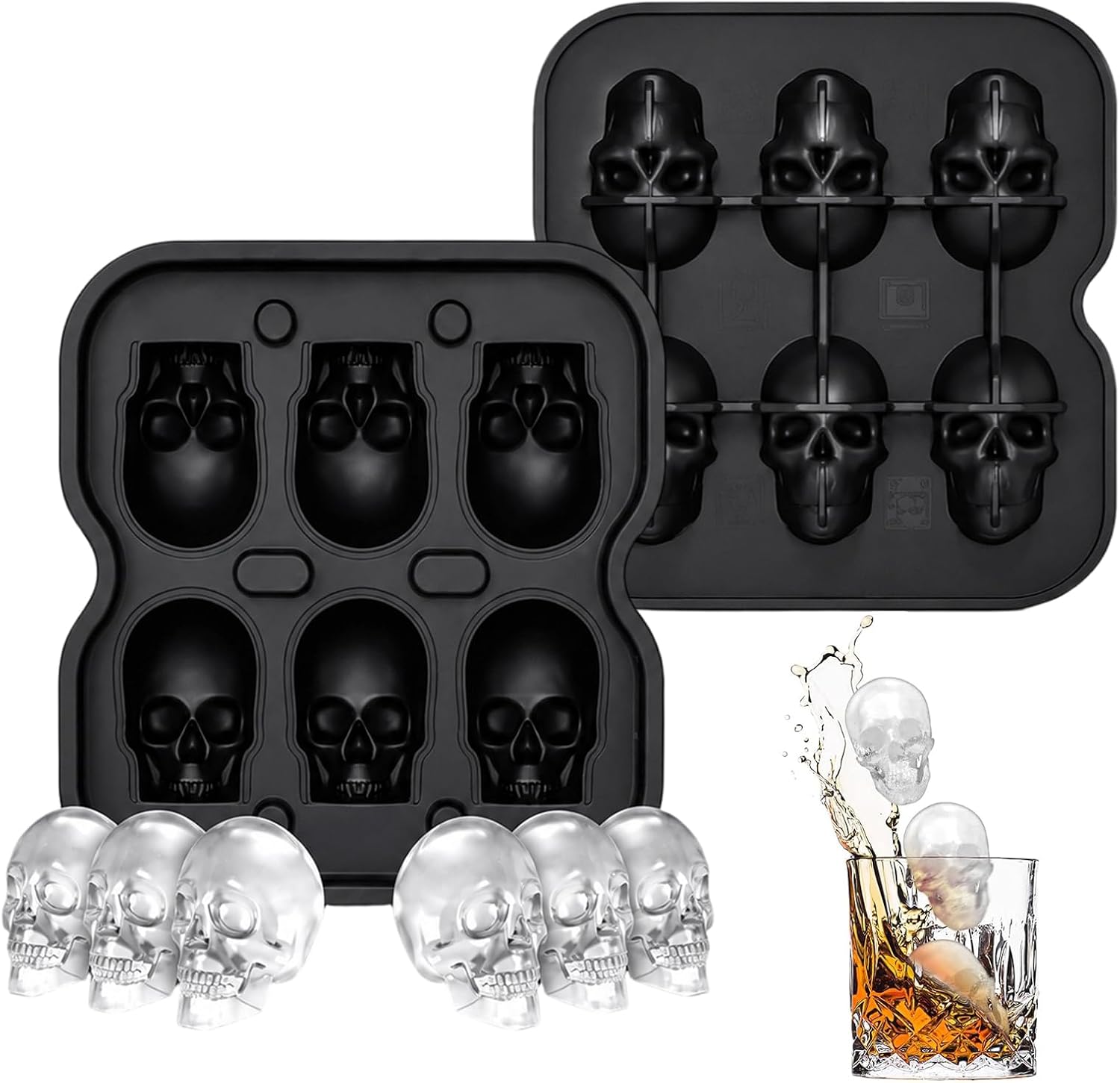 2 Pcs Skull Ice Cube Mold, 6-Cavity Silicone Ice Tray