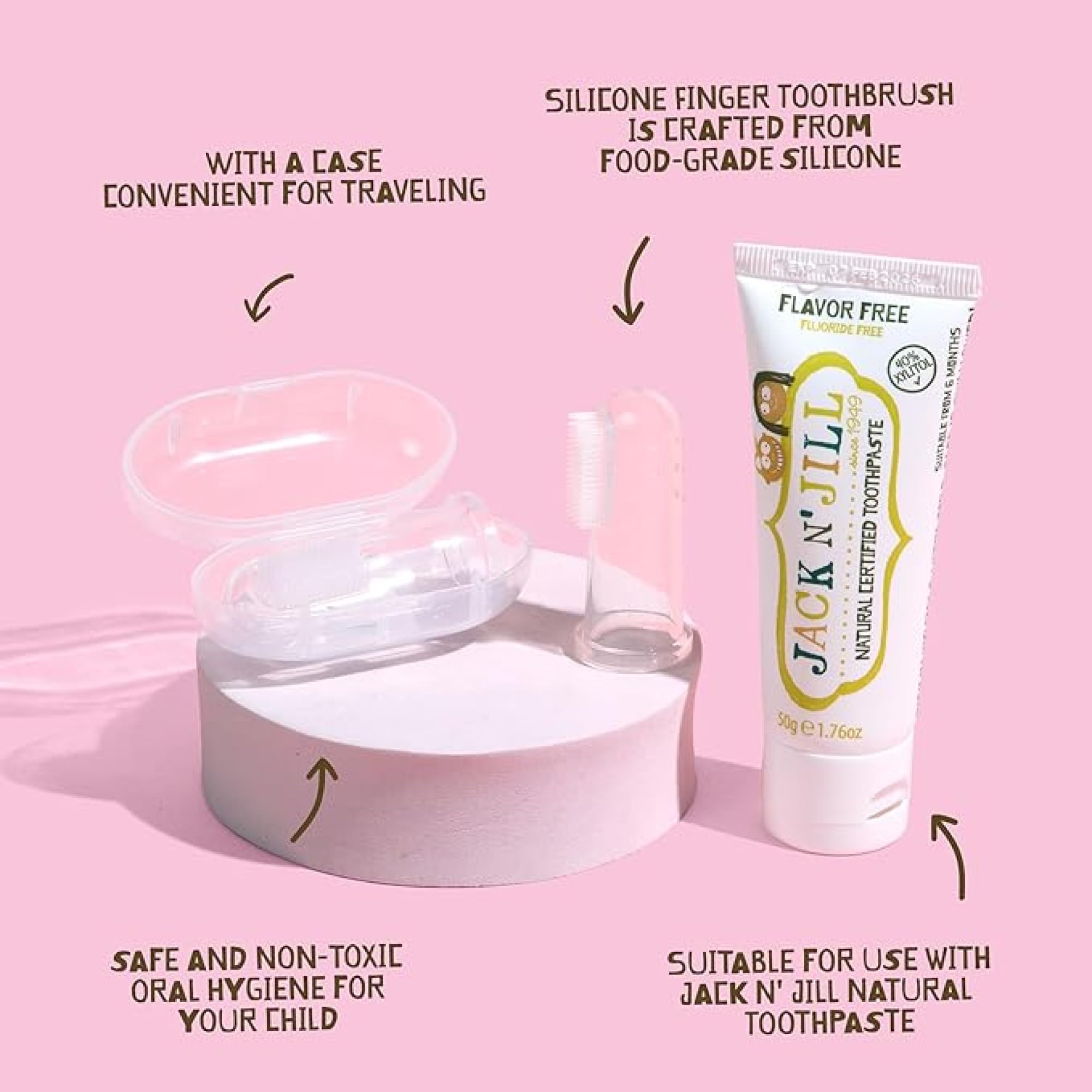 Jack N' Jill Stufe 1 Silikon-Zahnbürste und Zahnpasta für Babys und Kleinkinder, natürliche unaromatisierte Zahnpasta, Bündel – Babyzahnbürste 6-12 Monate, Etui