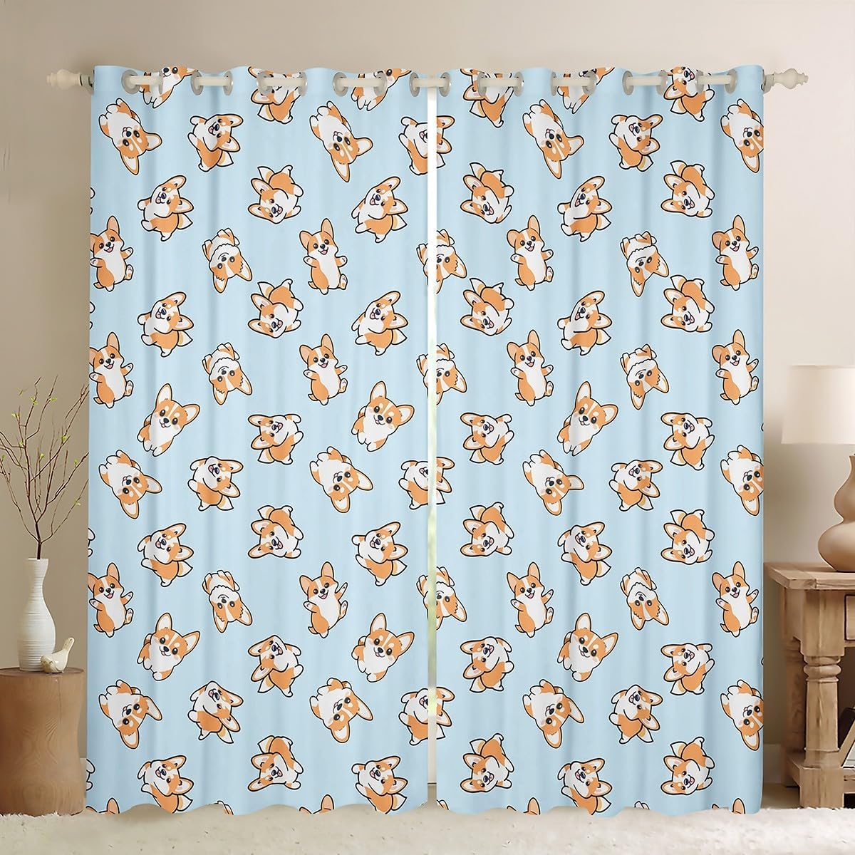 jejeloiu Dog Darkening Drapes (2 Panels, 38 x 54 Inch) Corgi Curtains for Bedroom Living Room Kids Boys Girls Decor Kawaii Puppy Blackout Curtains Cartoon Animal Pet Window Treatments Blue