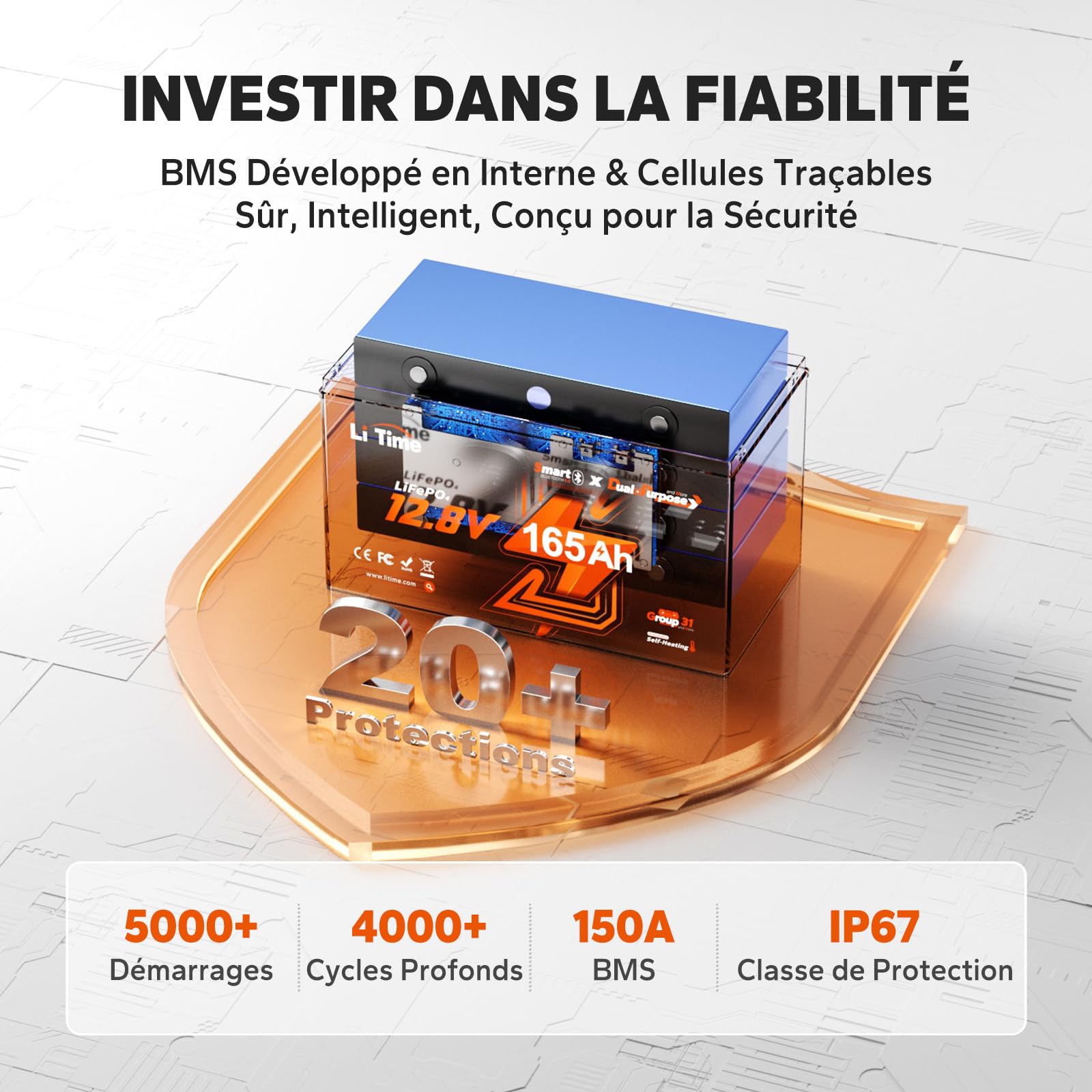 LiTime 4 Pcs Batterie Lithium 12V 165Ah LiFePO4 avec Démarrage pour Bateaux