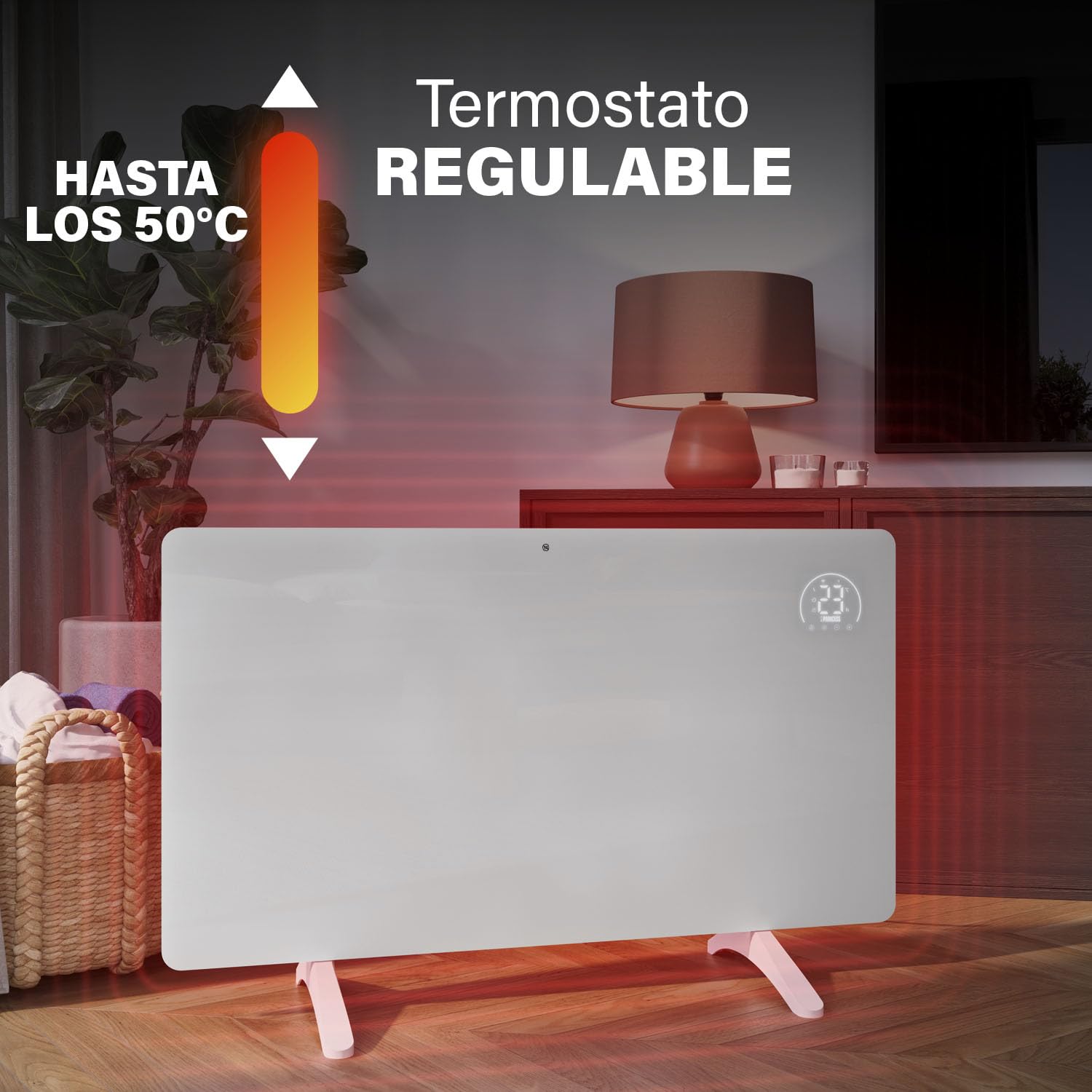 Princess Calefactor de infrarrojos inteligente - Cristal de carbono - 480 W - Termostato regulable hasta los 50 °C - Temporizador 24 h - Programación semanal - Blanco o Negro (Blanco)