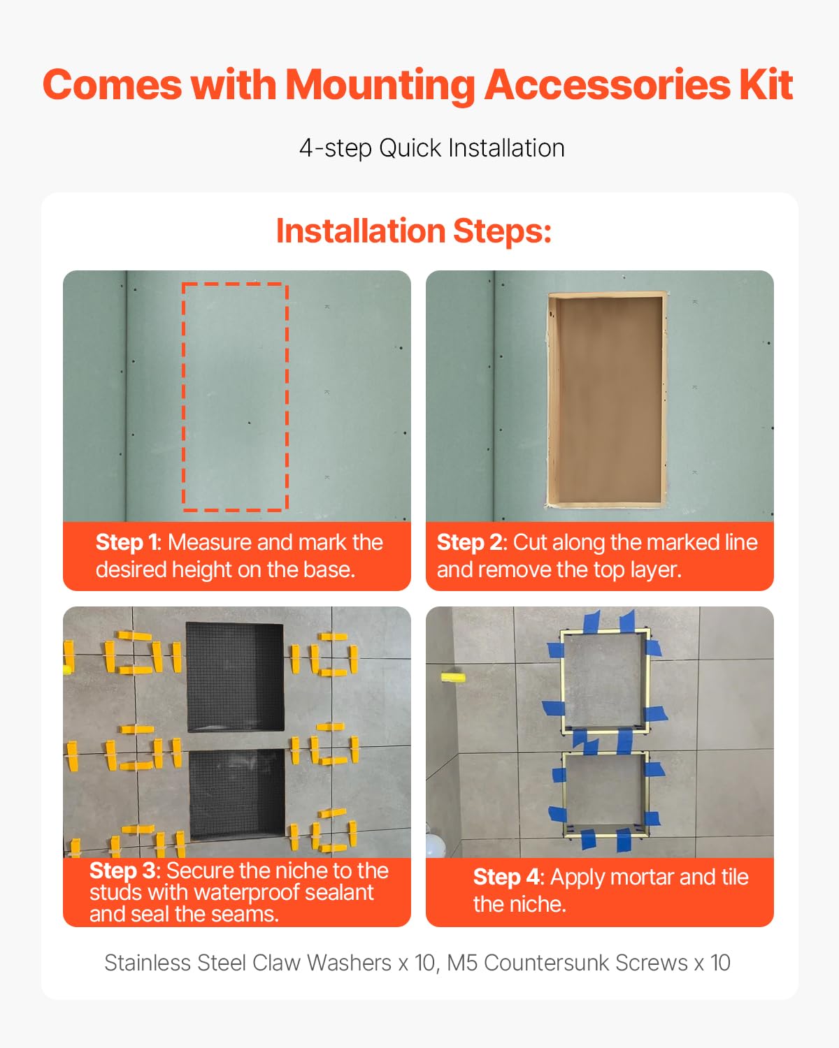 VEVOR Shower Niche 16 x 28 x 4 inch Recessed Wall Niche with Movable Divider Shelf Modern Soap — view 7