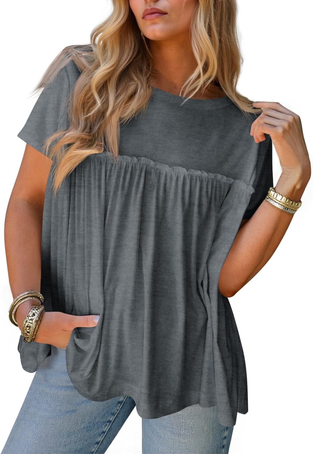 Cicy Bell Women Summer Babydoll Tops Pleated Short Sleeve Crew Neck Peplum Blouse Casual Loose Fit T Shirts - Image 6