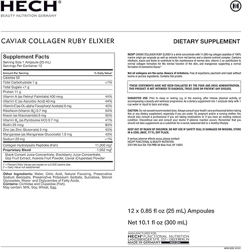 Miniatura 7 de Caviar Collagen Ruby Elixier - Suplemento de belleza con 11.000 mg de péptidos de colágeno marino y caviar, polifenoles y complejo de 9 nutrientes