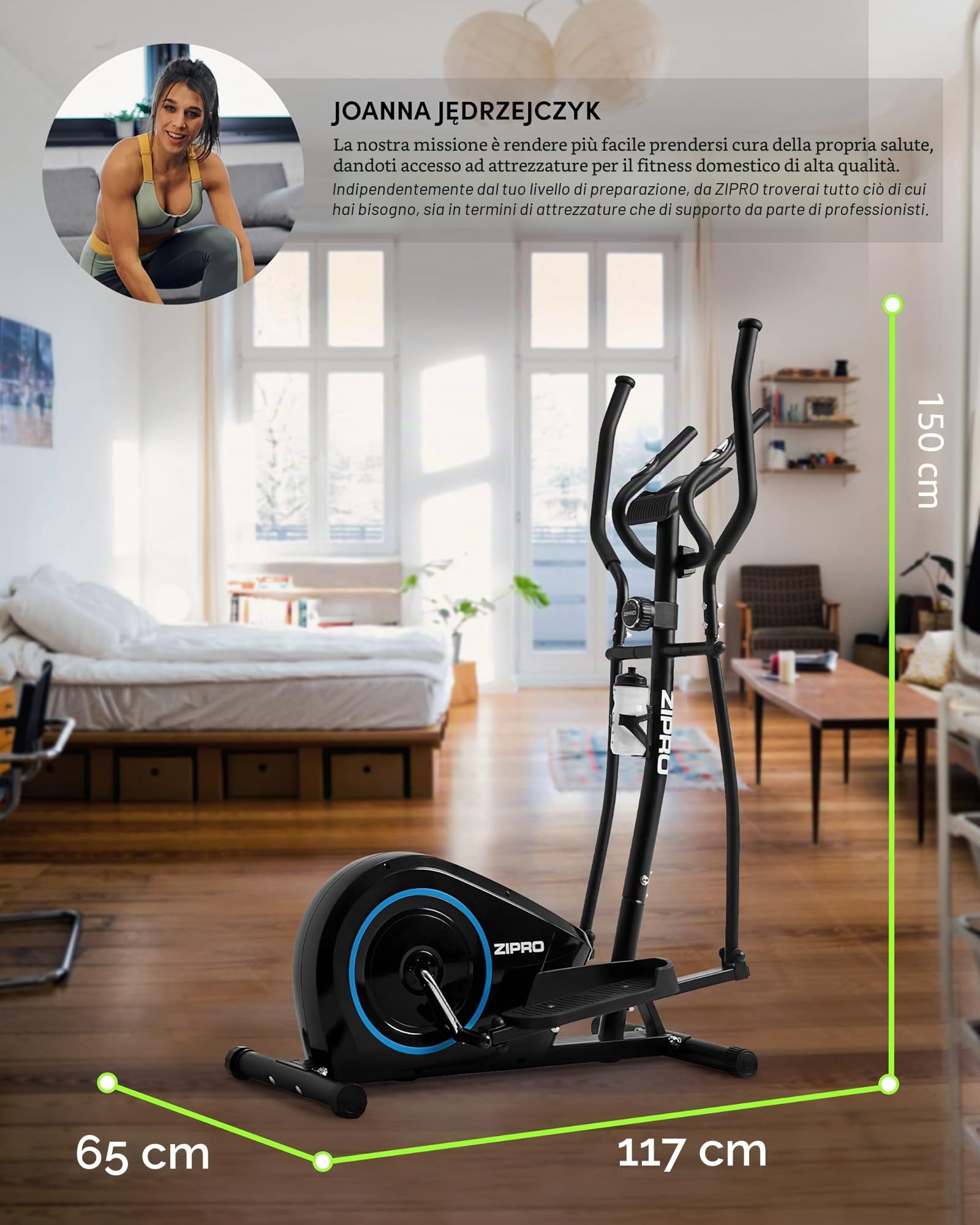 Zipro Crosstrainer Burn, Ellittico fino a 120 kg, Attrezzo cardio per la casa, Macchina da allenamento cardio, Ellittica, Cyclette, 8 livelli di resistenza