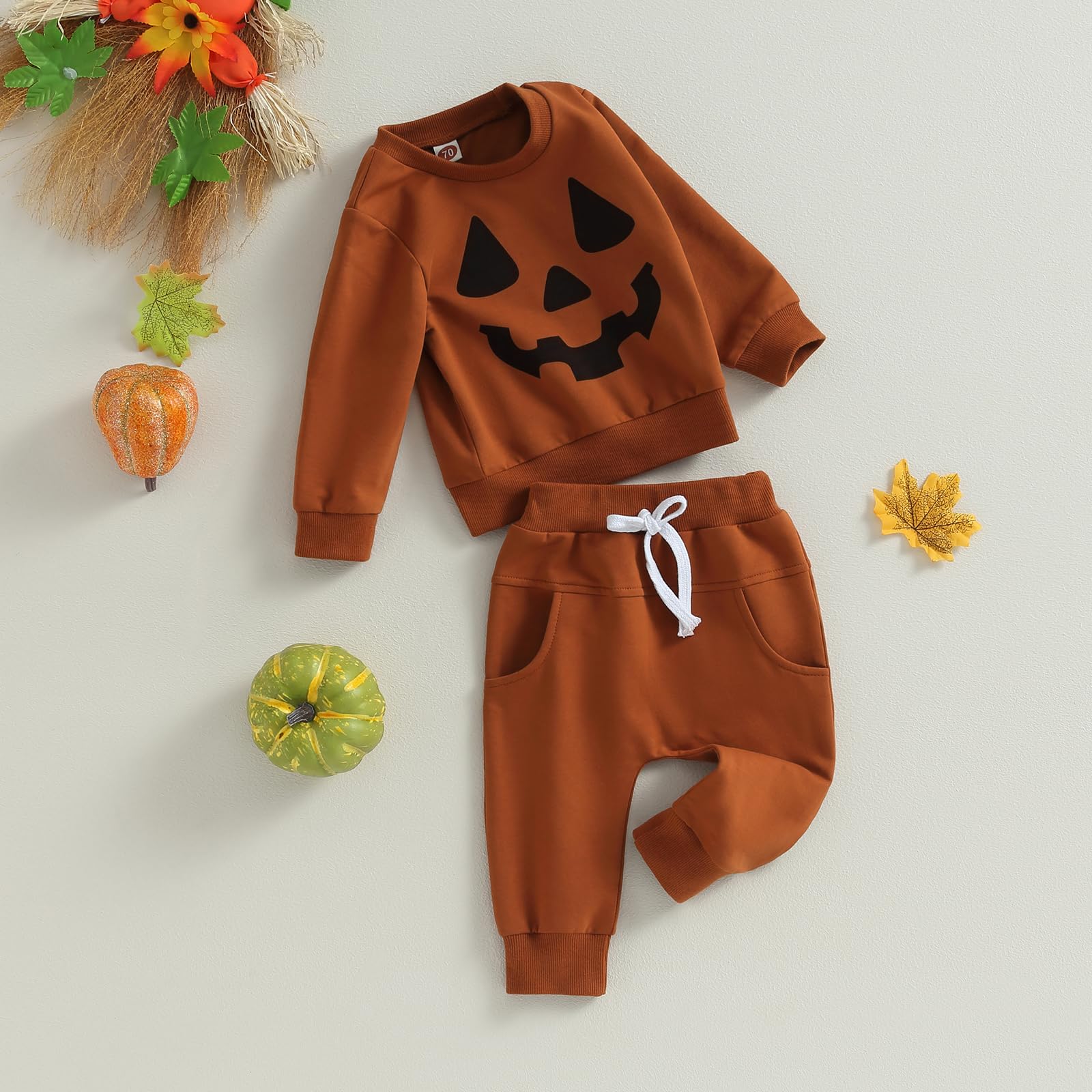 ITFABS Toddler Baby Boy Halloween Outfit Pumpkin Clothes Sweatshirt Pullover Shirt Top Long Pants Fall Winter Baby Clothes (Halloween-BrownC, 0-6 Months)