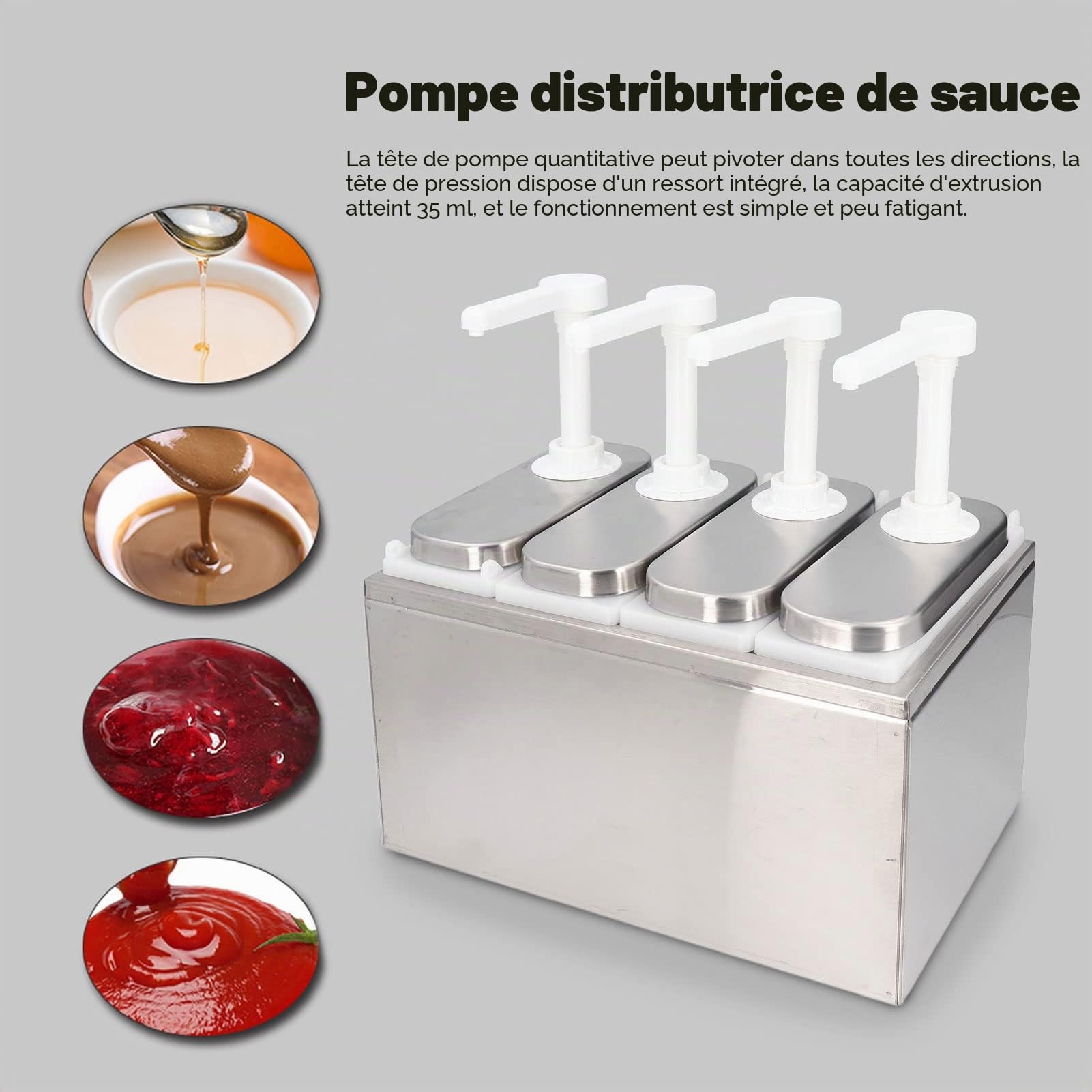 Station de Pompage de Condiments, Grande Pompe Distributrice de Sauce en Acier Inoxydable avec Triple, Quatre ou Cinq Pompes Distributeur de Condiments Amovible de Qualité Alimentaire(4 Pompes)