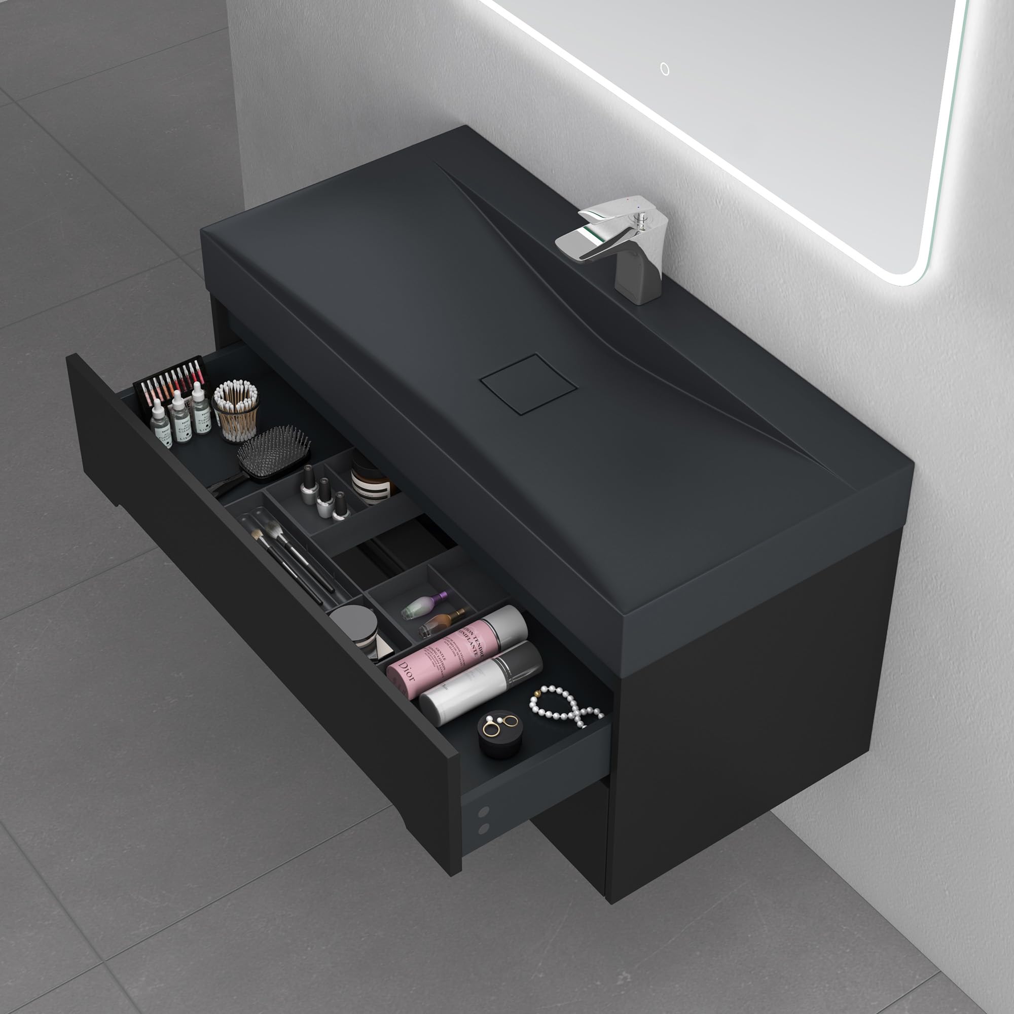 doporro Mobile Bagno Sospeso 100 cm con Lavabo in Marmoresina – Finitura Nero Opaco, Cassetti a Chiusura Rallentata, Serie Yoga