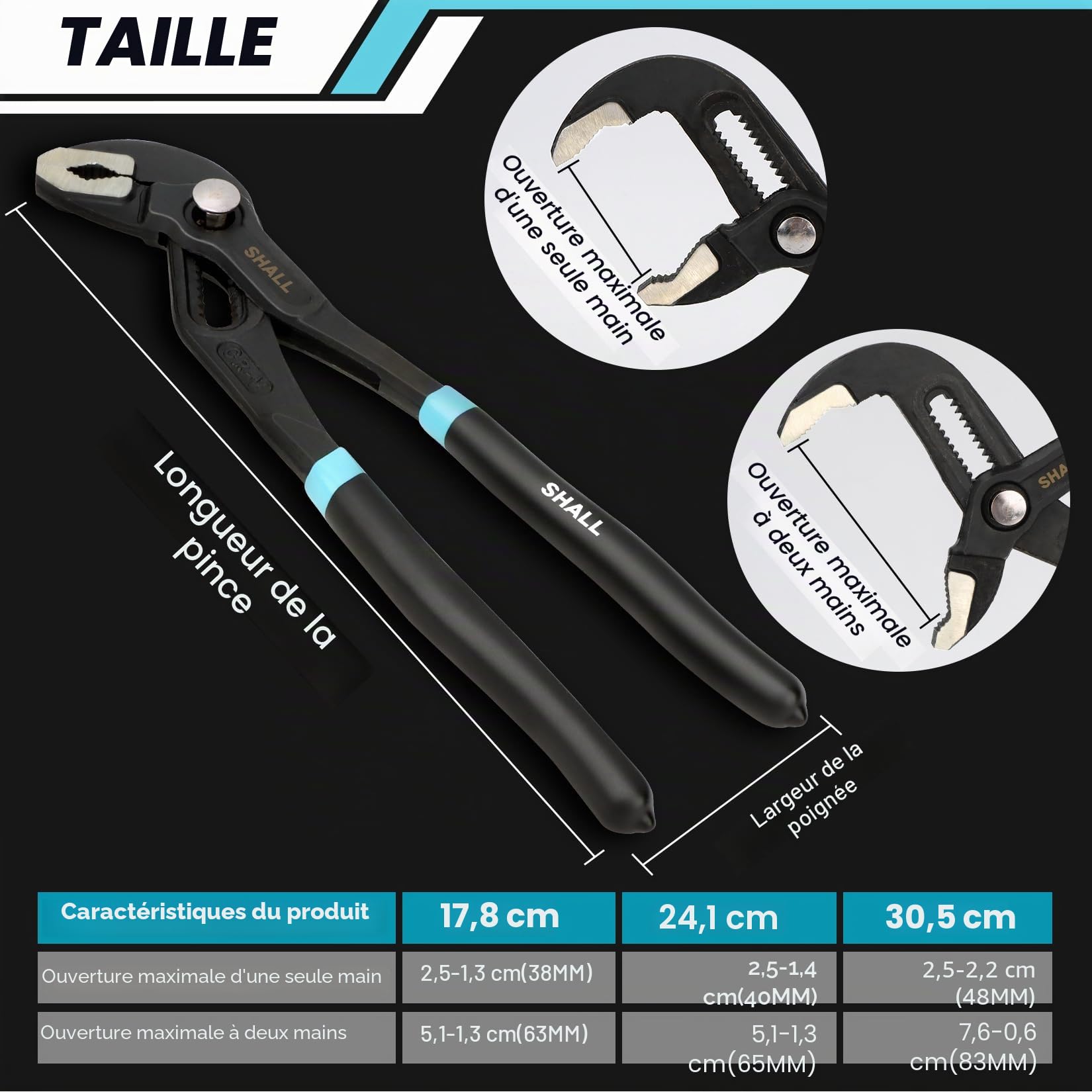 SHALL Lot de 3 pinces à joint rainuré (30,5 cm, 23,5 cm, 17,8 cm), à pompe à eau en acier Cr-V, pince à rainure et languette à réglage rapide avec sac à outils pour réparation domestique et plomberie