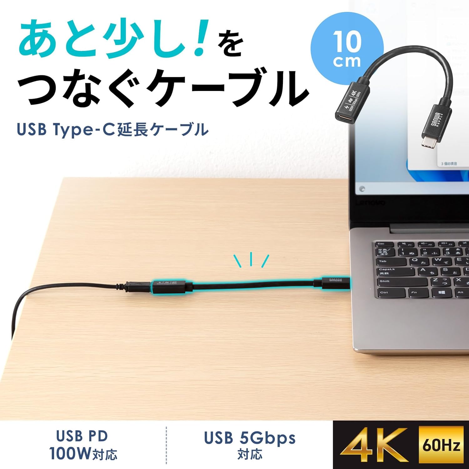 Sanwa Supply KU-5GCCP100EN01 USB 5Gbps Type-C Extension Cable (PD100W, 0.1m)