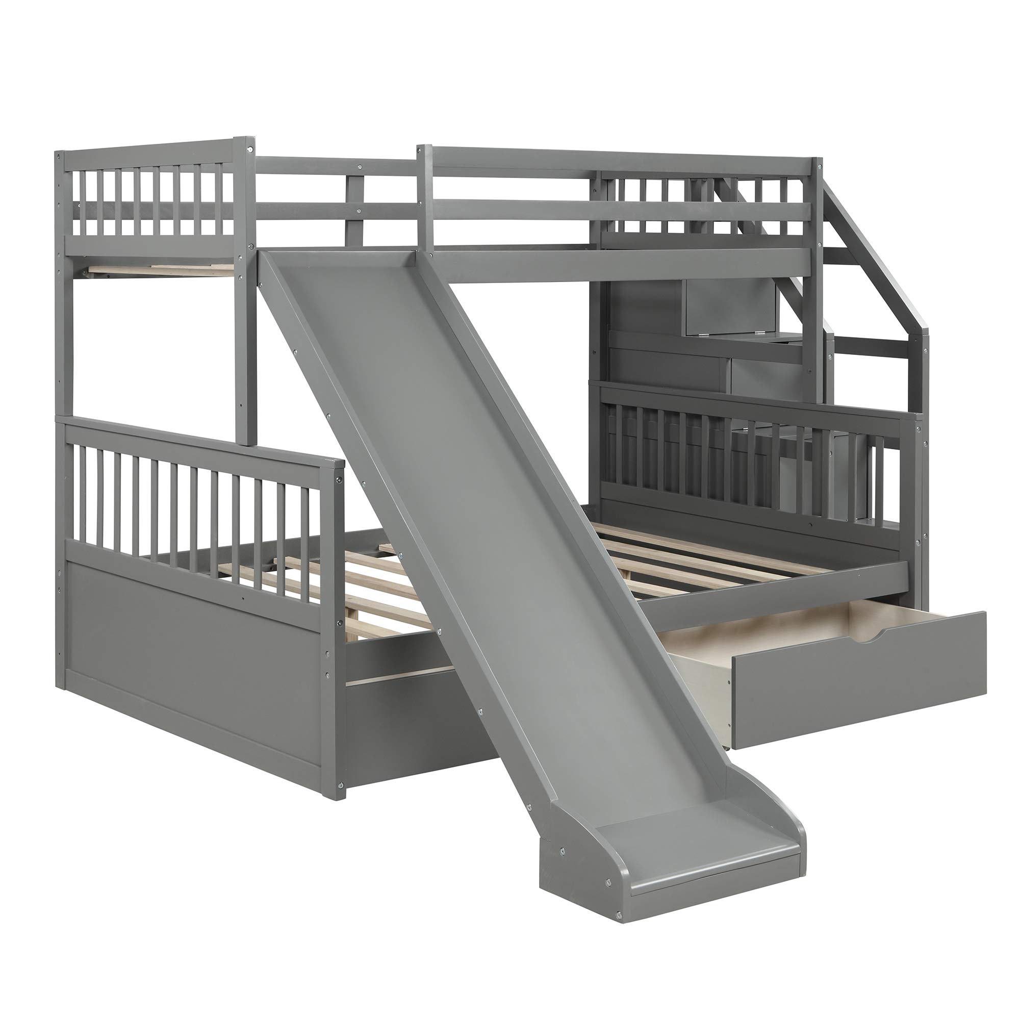 Twin Over Full Bunk Bed with Slides for Kids and Teenagers, Solid Wood