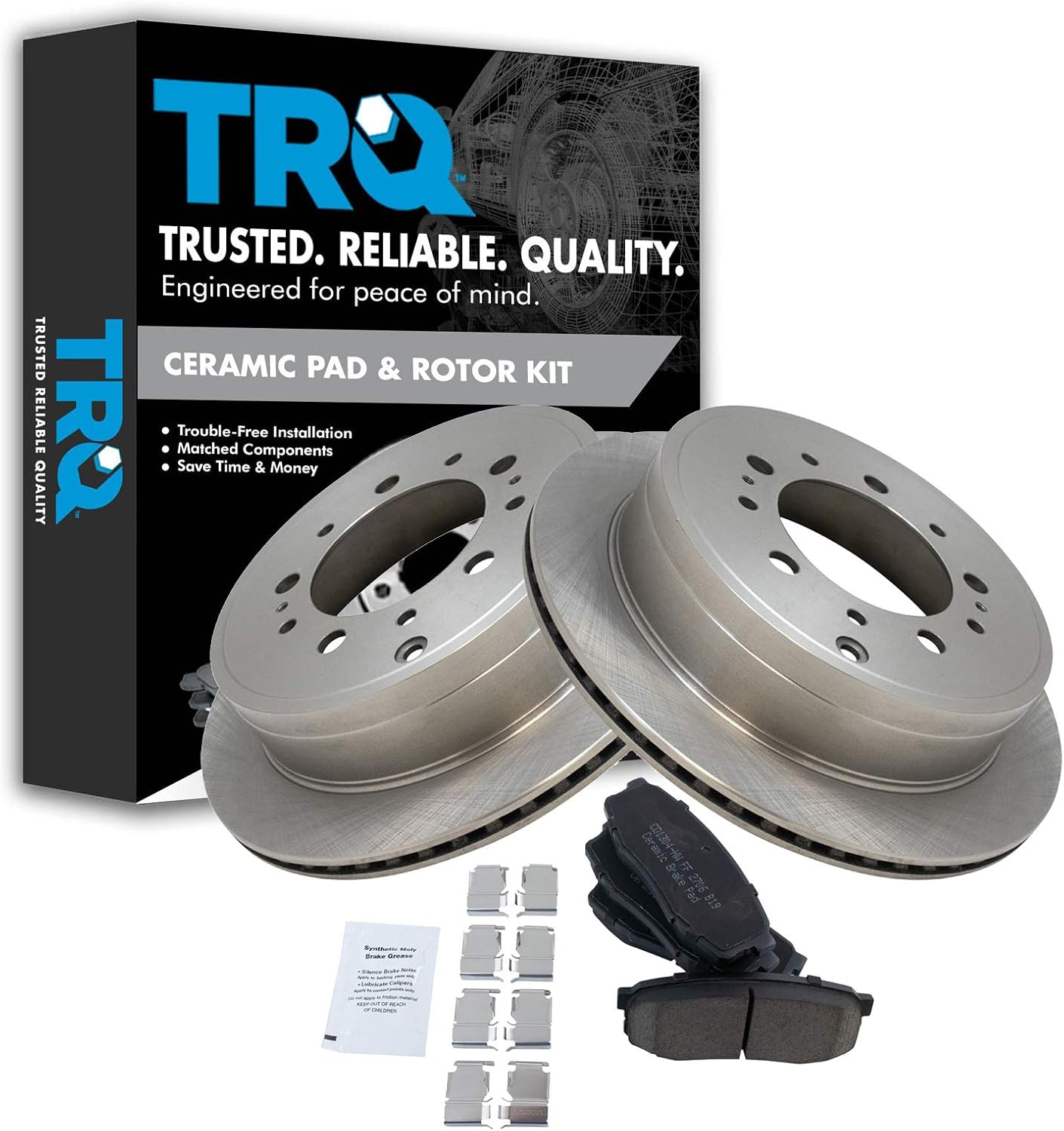 TRQ Rear Brake Pad & Rotor Kit Brake Pads Brake Rotor Ceramic Compatible with 2008-2021 Lexus LX570 Toyota Land Cruiser Sequoia 2007-2021 Tundra