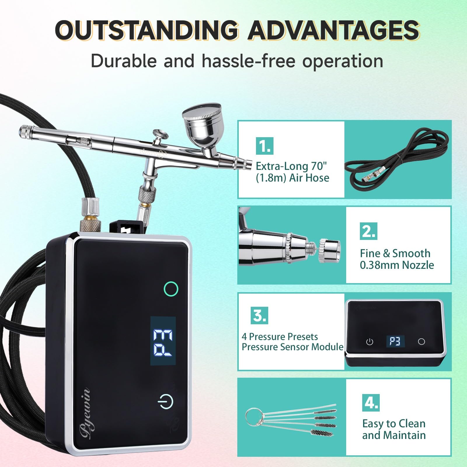 Kit d'aérographe sans fil amélioré avec compresseur, déclencheur double action, tuyau d'air de 177,8 cm et capteur de pression à 4 vitesses, 20-32 psi, rechargeable de type C, idéal pour le nail art,