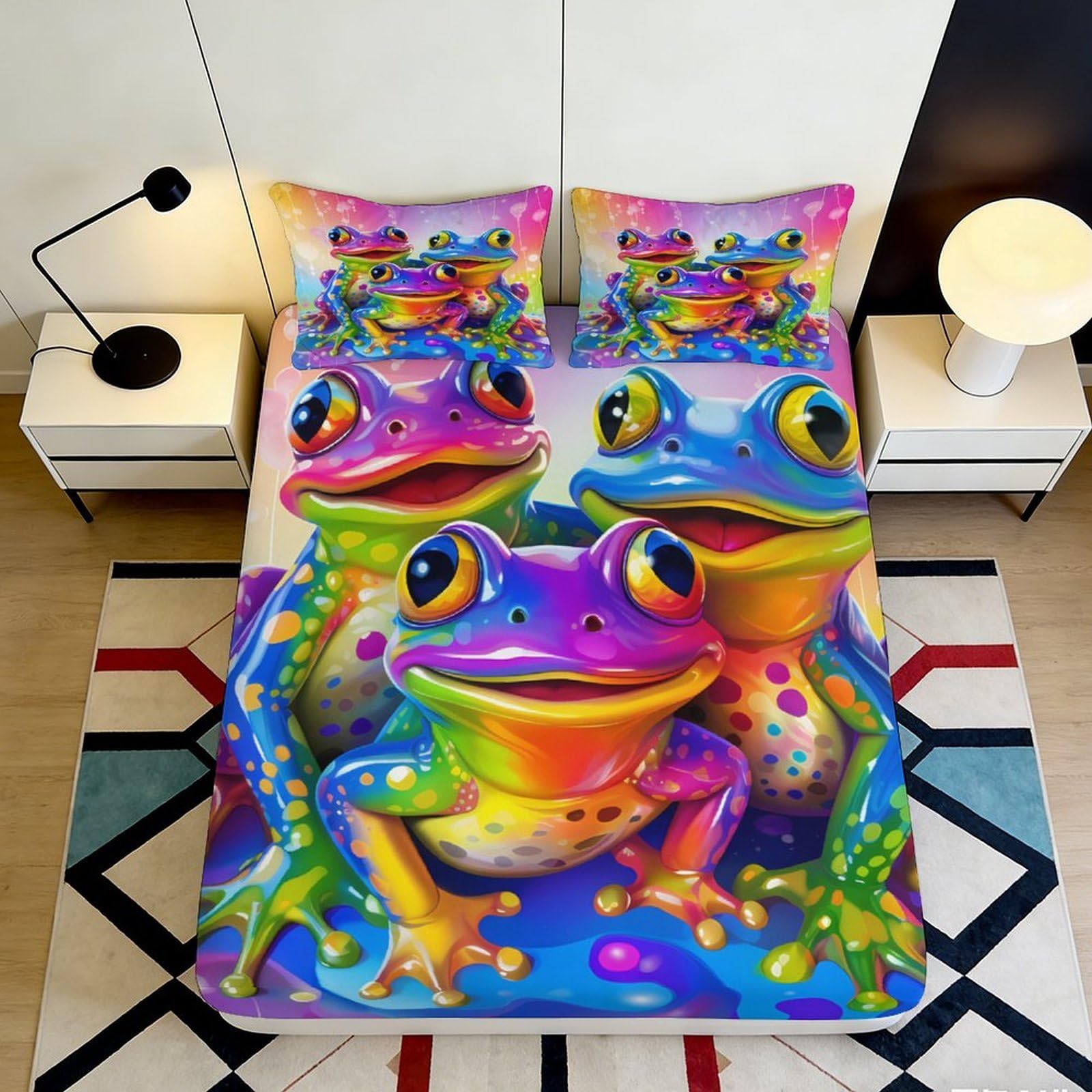 Pnayamiorkfel Style-9 3D Printed Colorful Frogs Fitted Sheet Microfiber Soft Anti-Slip Rainbow Frog Bed Cover For Bedroom Guest Room Decor 90X200x25cm