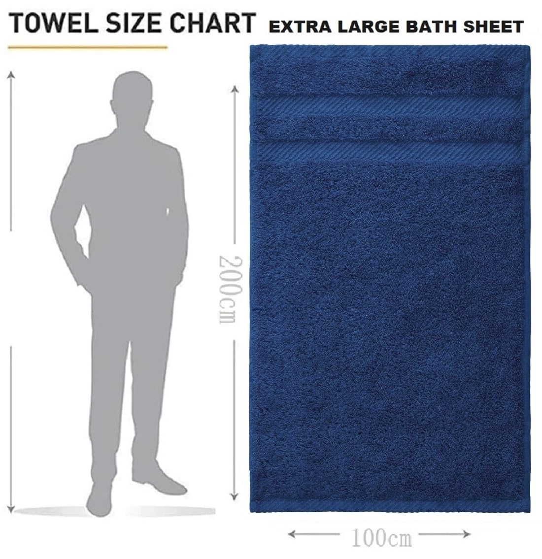 LoomTrove Pack of 2 Extra Large Jumbo Bath Sheets 100 x 200 cm 100% Egyptian Combed Cotton XL Towels Quick Dry Big Bath Sheet Super Soft Hotel Quality Towels Set (Navy Blue) - Image 2