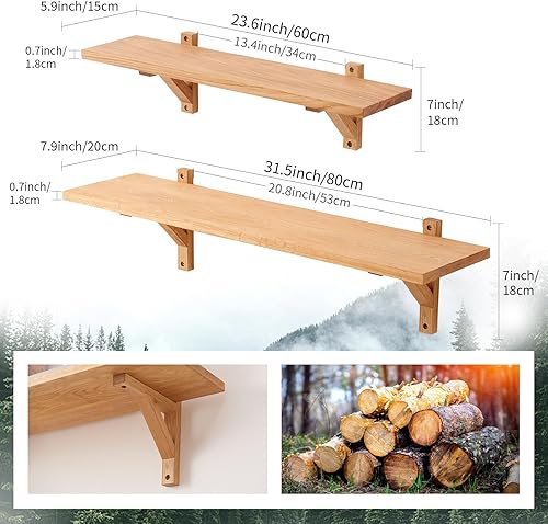 Miniatura 3 de Estantes flotantes de roble de 24 pulgadas, estante de pared de madera natural, estante flotante rústico con soportes para dormitorio, sala de