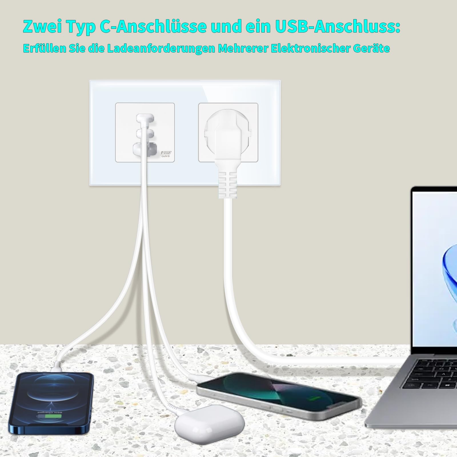 LIAONFOY 65 W Super Charge avec prise Super Fast Charging Trois ports USB C Combinaison 2 prises Prise murale Cadre en verre Double Blanc 157 mm 100-240 V (ligne neutre nécessaire)
