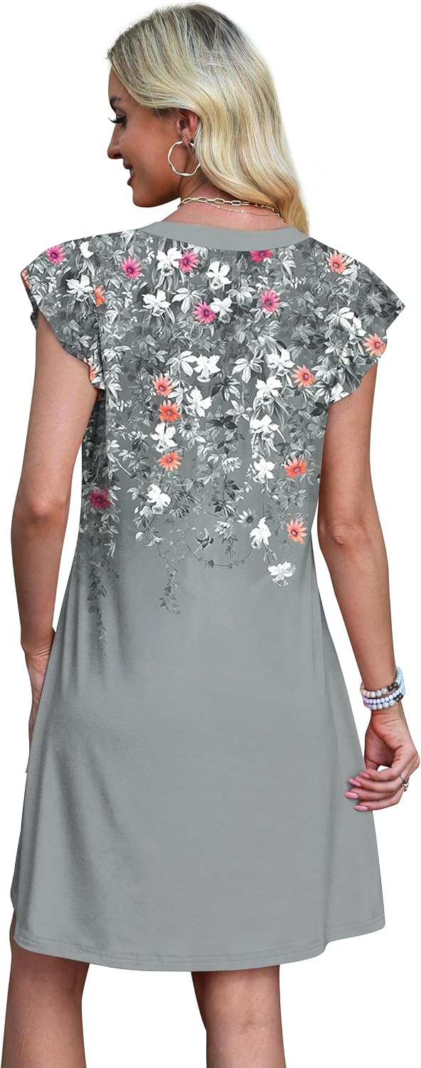  Spring Summer Dresses for Women 2026 Casual Ruffle Sleeve V Neck Loose Swing Sundresses with Pockets Plain/Print thumbnail