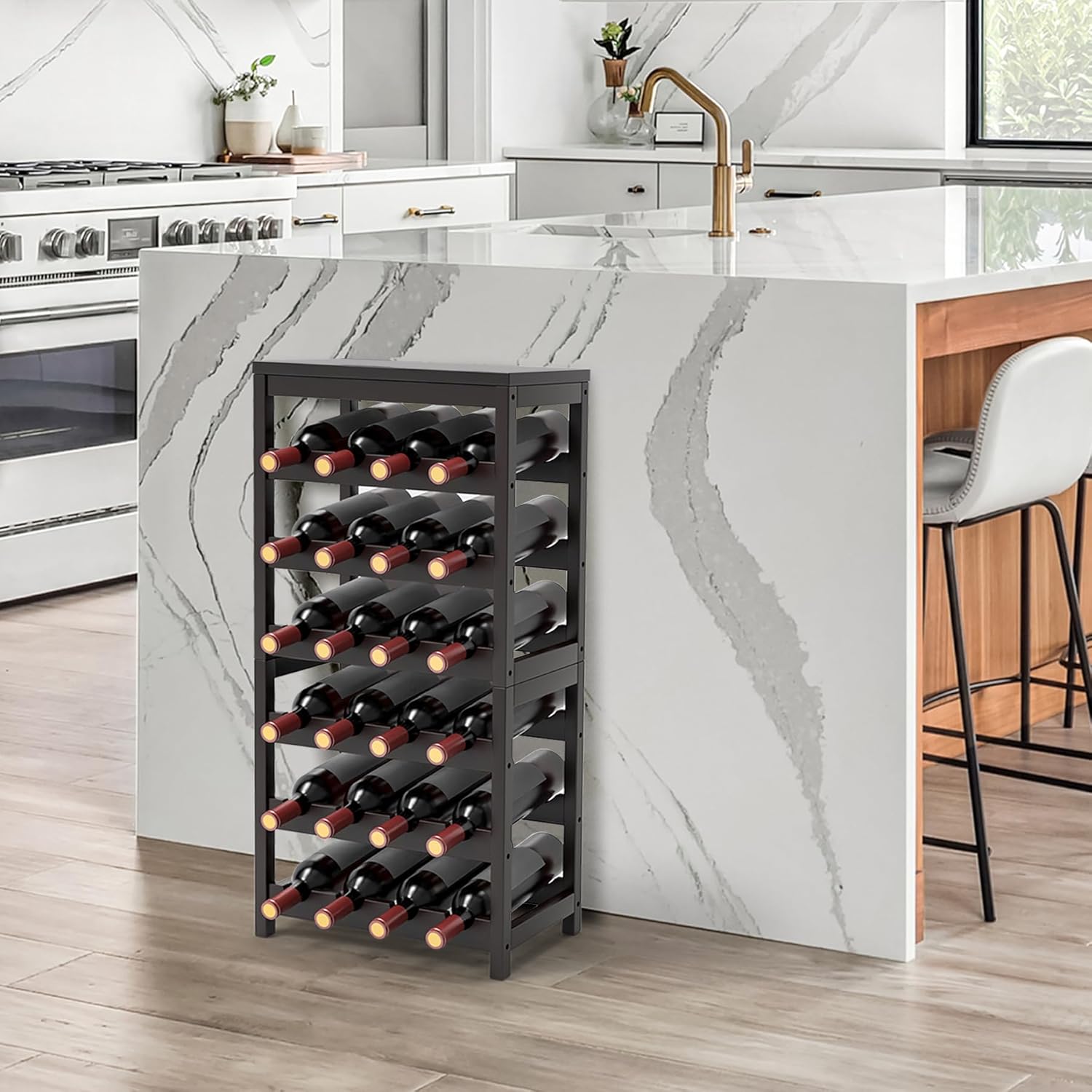 24 Botttle Wine Rack Freestanding Floor, 6 Tier Wine Rack Shelf with Table Top, Bamboo Wine Rack, Wine Storage Shelves Kitchen Bar Dining Room Living Room - Dark Brown