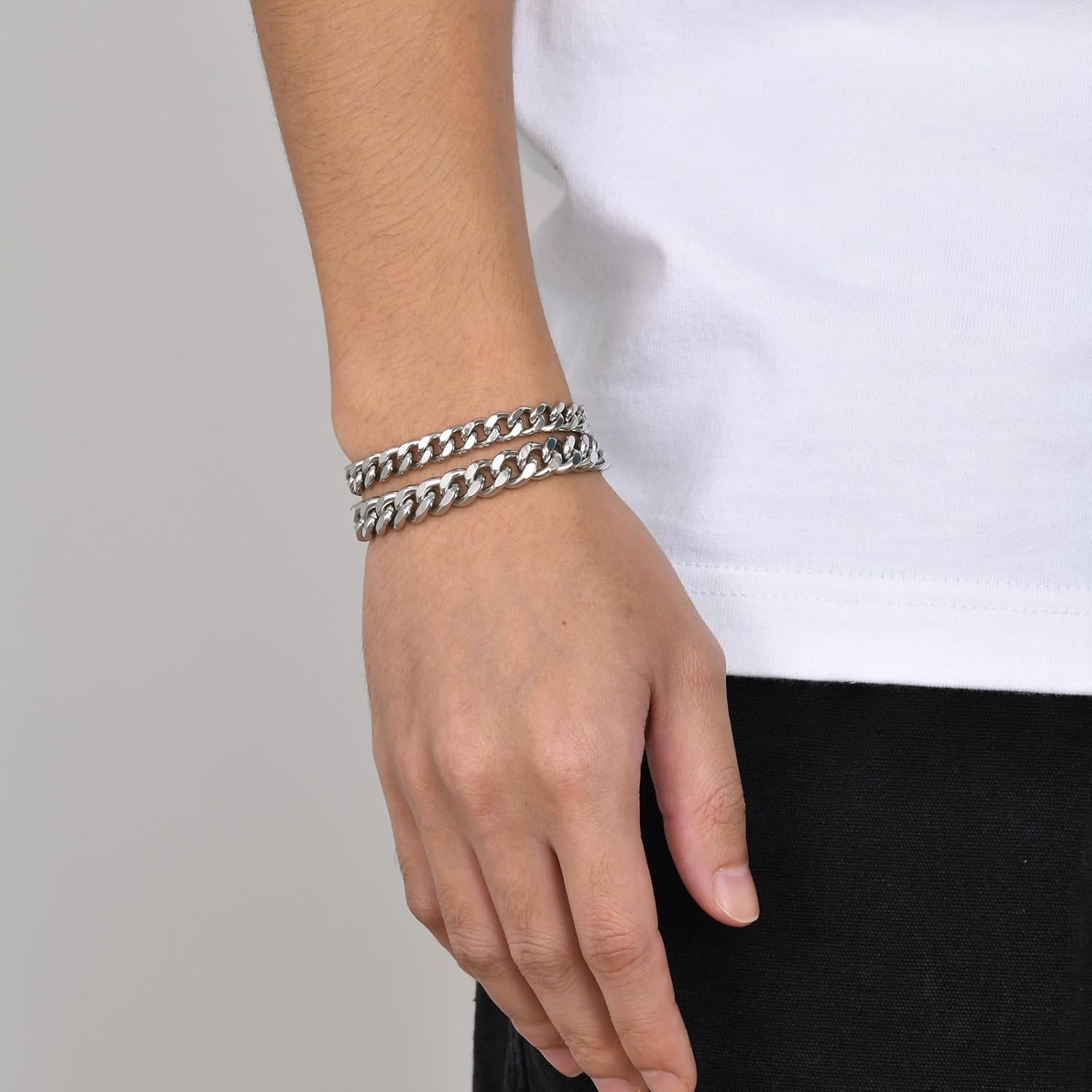 Rockyu Men's Cuban Link Bracelet Stainless Steel Silver 7mm Thick Curb Chain 7.5 Inch Hypoallergenic Durable Polished Jewelry for Hip Hop Fashion Birthday Gift - Image 3