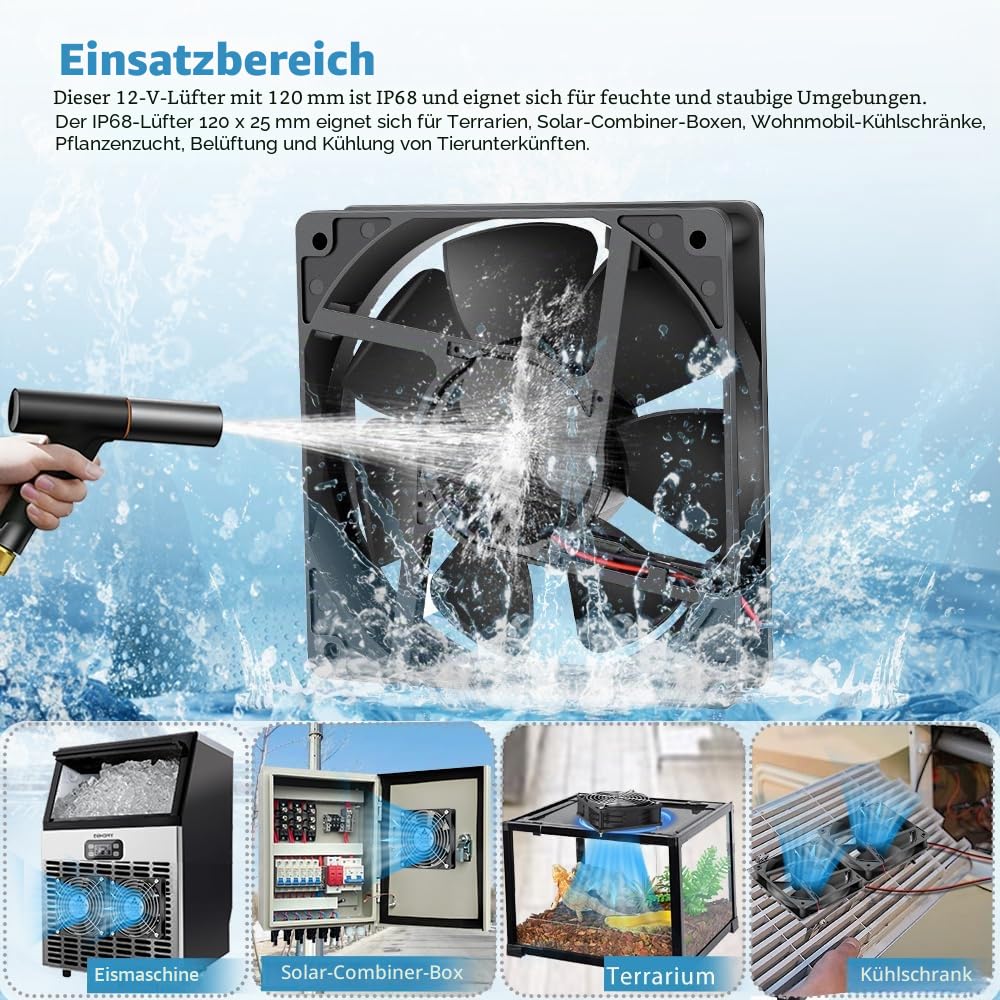 GDSTIME 2 Stück Lüfter Wasserdicht 12V 120mm Lüfter IP68 Dual Kugellager | ip68 lüfter 12v 120mm Lüfter Wasserdicht hoher Luftstrom