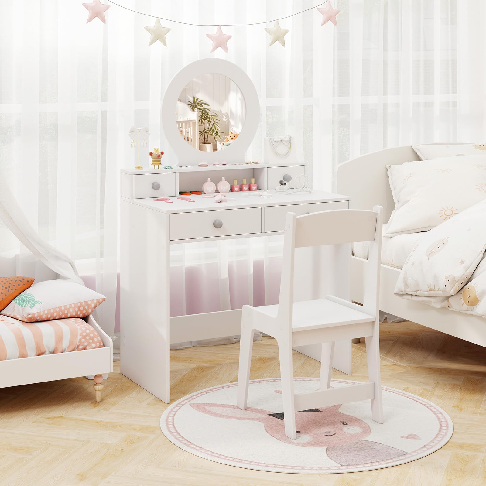 GOPLUS Tocador para Niñas, Tocador Infantil con Espejo, Silla, 4 Cajones, Compartimento Abierto, Mesa de Maquillaje para Niñas, Regalo para Niños de 3+ Años
