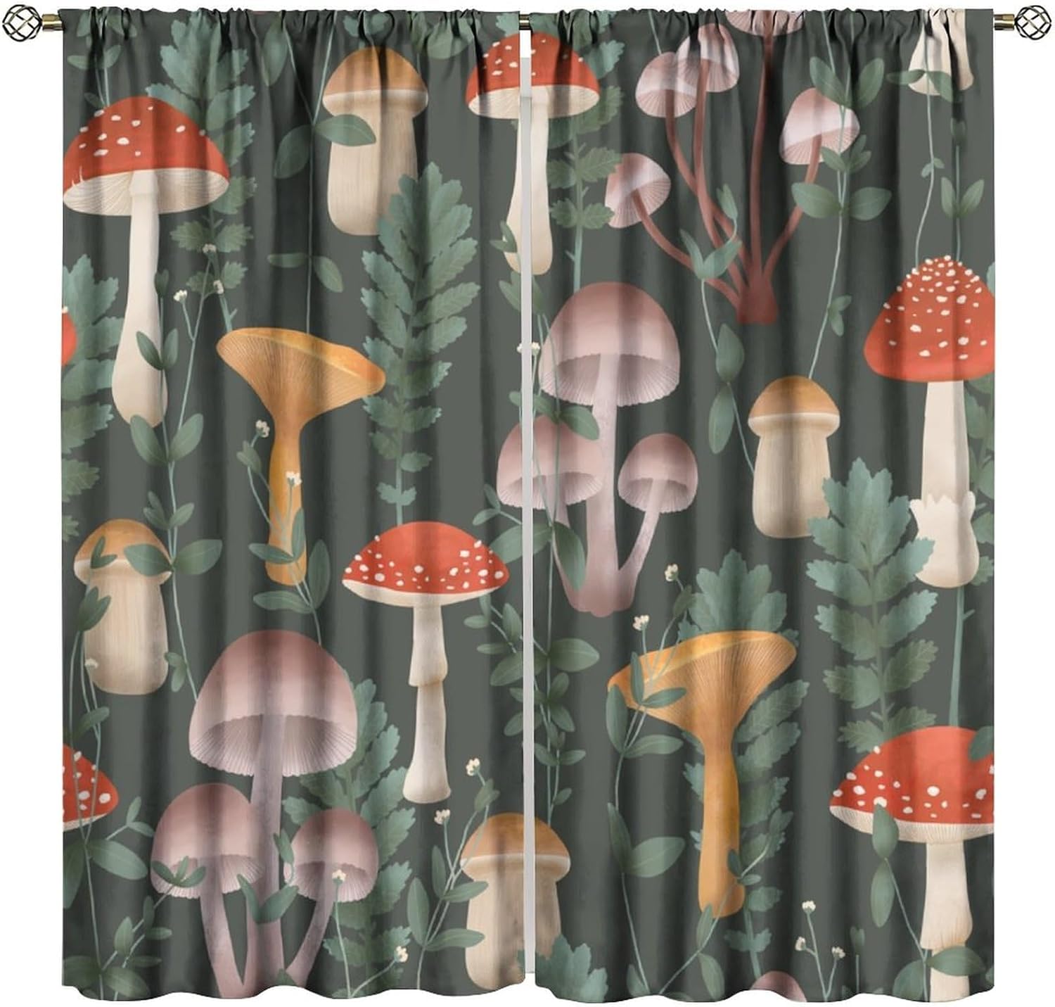 Mushroom Blackout Curtains, Green Forest Plant Vintage Cartoon Pattern Printed Window Drapes, for Living Room Bedroom 21(W)*45(L) 2 Panels