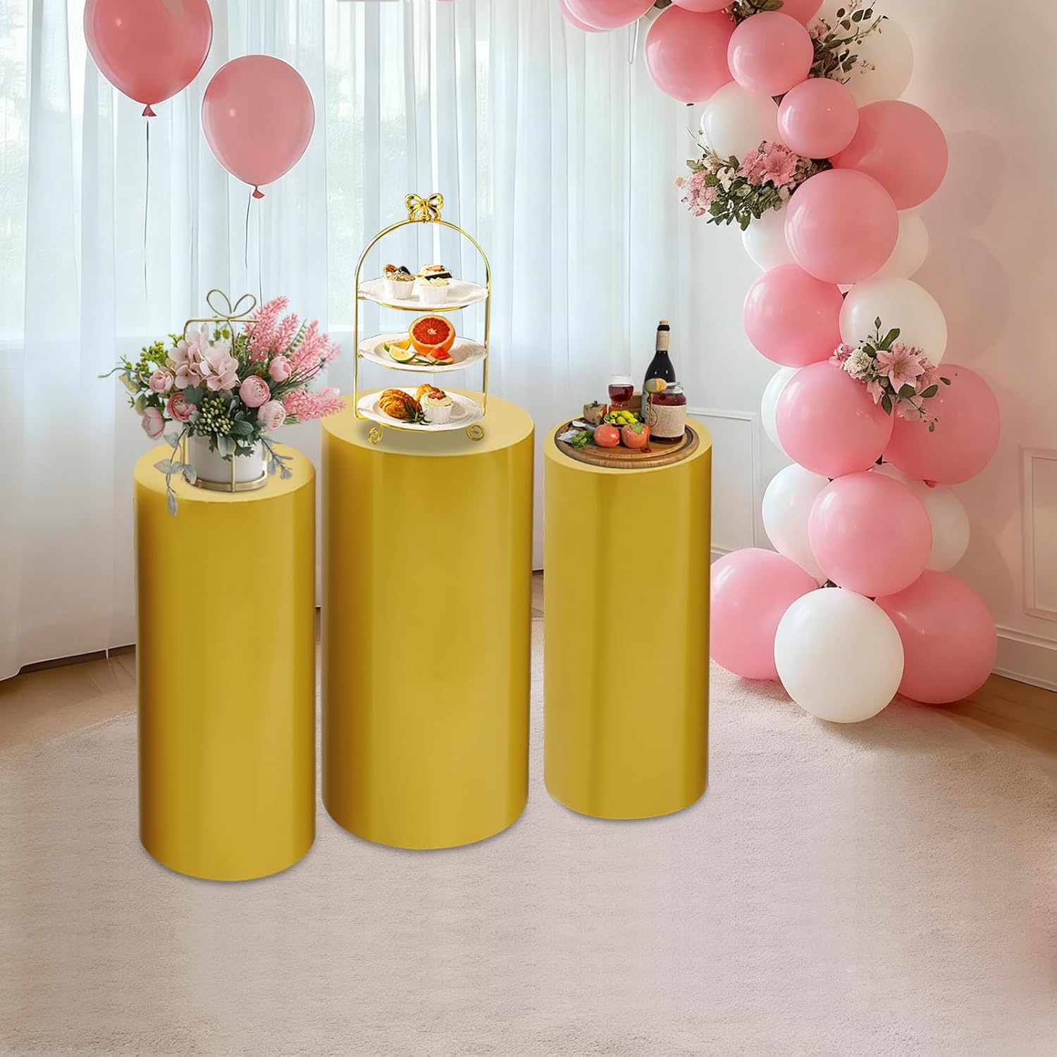 Display Stands Set of 3, Gold Cylinder Pedestal Stands for Wedding Cake Dessert Centerpiece, 3 Different Heights (23.6/26/27.6in), Heavy Duty Metal Column Risers for Party Banquet Decor, No Assembly