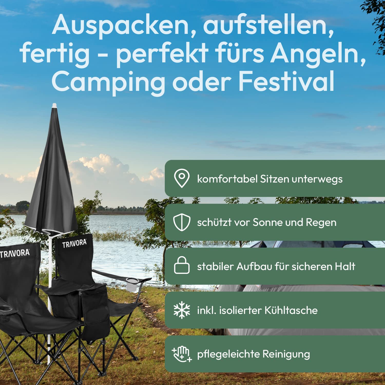 2er Partner Camping Stuhl mit Sonnenschirm und Kühlfach und Logo- Campingstuhl faltbar für Zwei Personen - Klappstuhl Camping - Campingstuhl Angelstuhl als Doppelsitzer