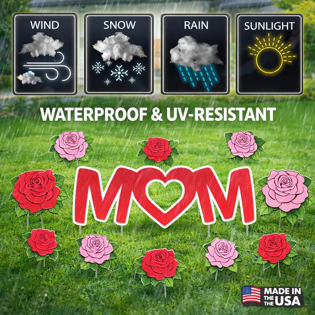 Happy Mother’s Day Yard Decorations – MOM Sign with Roses (13PCS) Outdoor Lawn Decor with Stakes, Waterproof & Reusable, Made in USA by VictoryStore