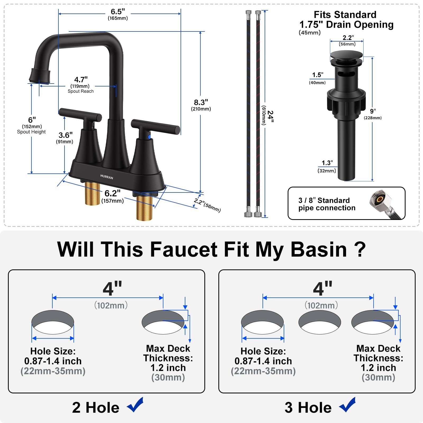 Hurran - Grifo de lavabo de baño negro mate, grifos de baño de 4 pulgadas para fregadero de 3 agujeros con drenaje emergente y mangueras de suministro, grifo central de boquilla giratoria de 360