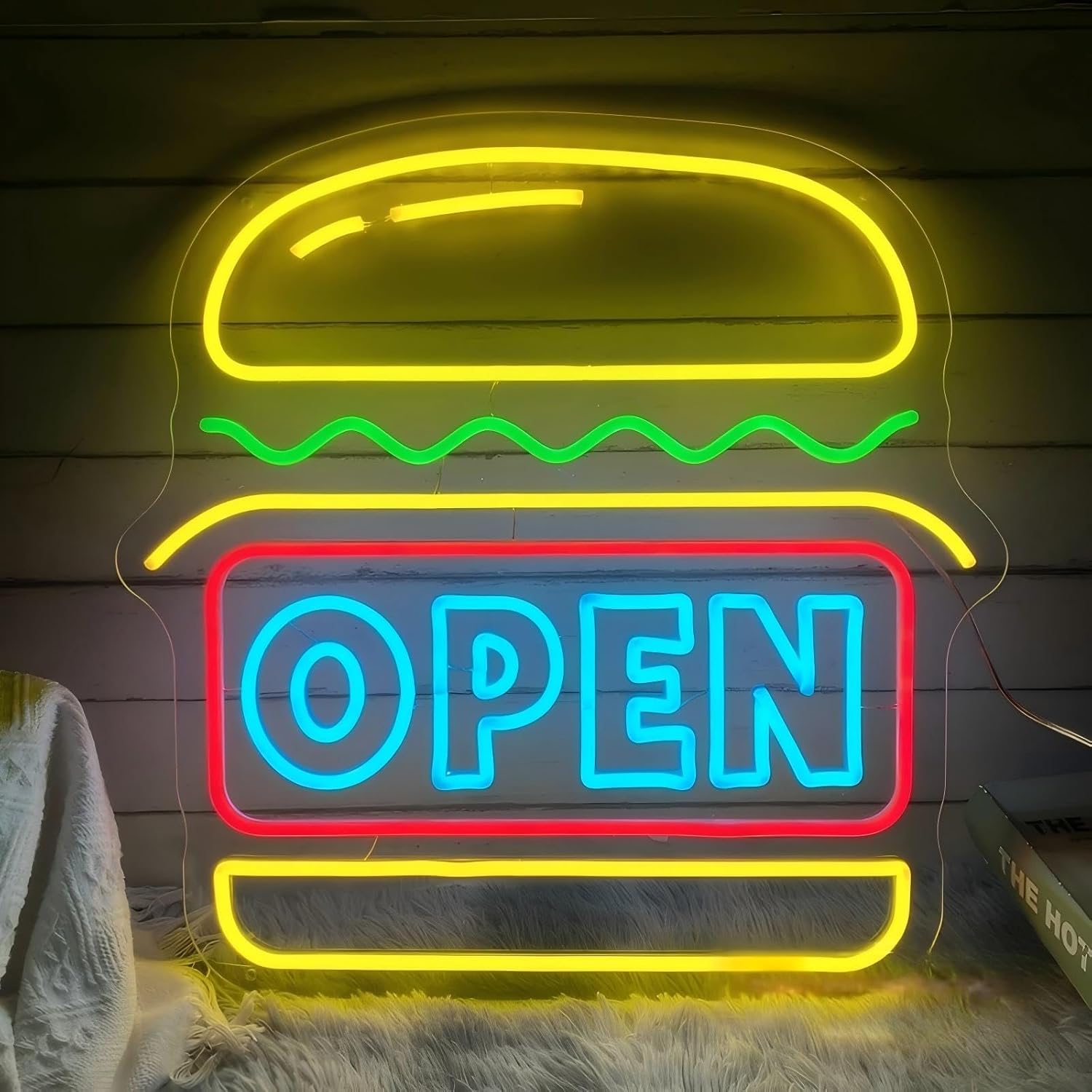Burger Open Neon Sign Custom Hamburger LED Neon Light Up Sign Home Wall Decor Fast Food Coffee Shop Restaurant Bar Decoration Welcome Sign, Restaurant Shop Unique Business Fast Food Shop