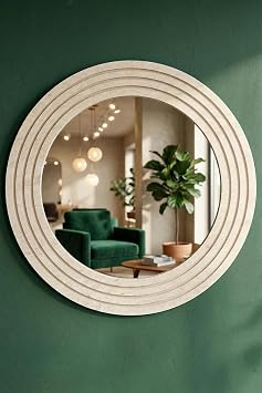 Antik Ahşap Traverten Dekoratif Ayna Banyo Lavabo Aynası Yuvarlak Ayna Duvar Aynası (30x43)