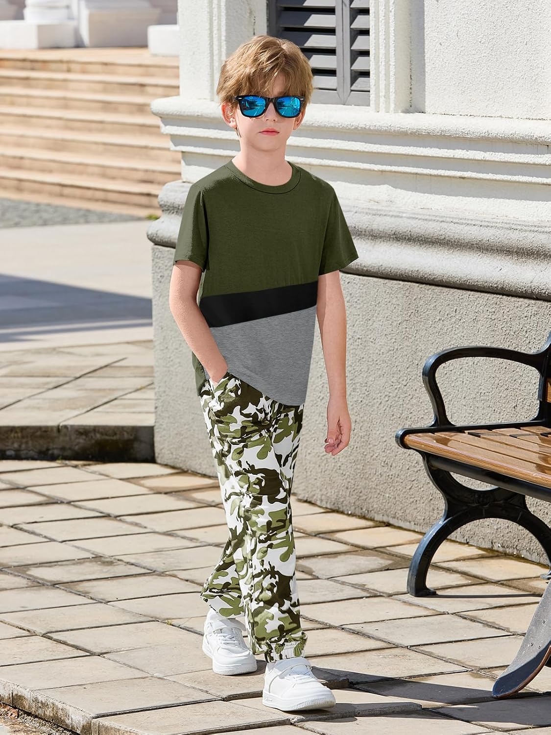 Haloumoning Boys 2 Piece Outfits Kids Colorblock Short Sleeve T-Shirts and Camouflage Pants Clothes Set 5-14 Years