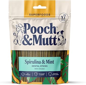 Pooch & Mutt - Superfood Dog Dental Sticks Regular Sticks, Dog Dental Chew, for Teeth and Gums Cleaning, Spirulina and Mint Flavour, 1 pack of 7 sticks packaging may vary