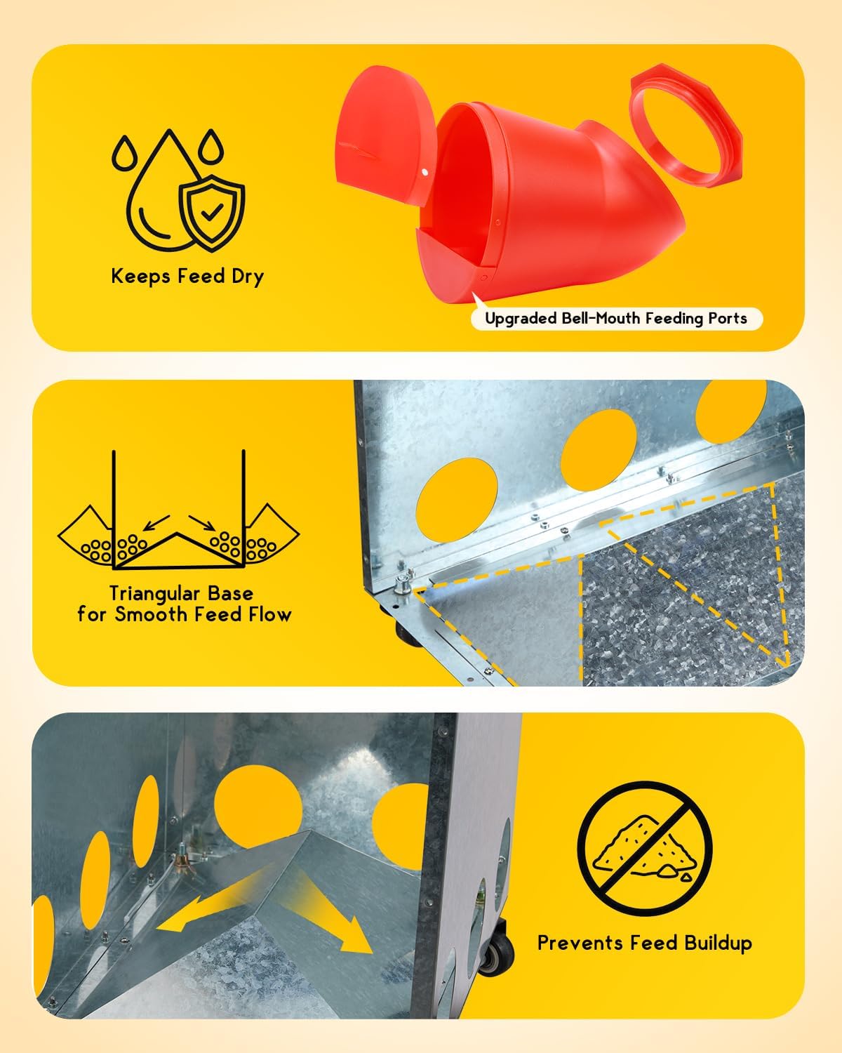 Magicfly 40lbs Metal Chicken Feeder on Wheels, Automatic Large Poultry Feeder Box with 10 Bell-Mouth Feeding Ports, No Waste Chicken Feeder with Latch & Handle for Ducks, Turkeys & Chickens