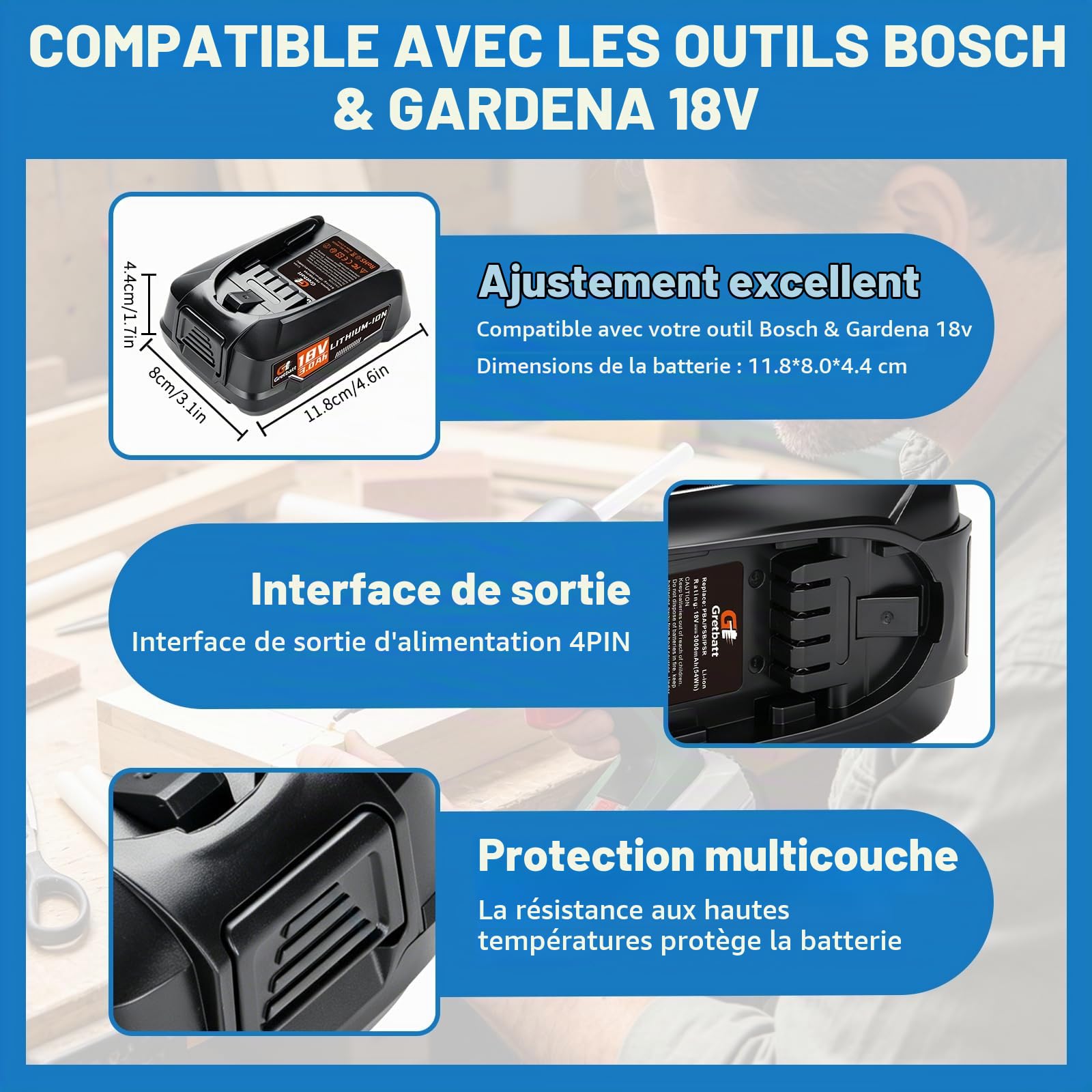 2 Packs Batteries 3000mAh pour Bosch Outils sans Fil 18V