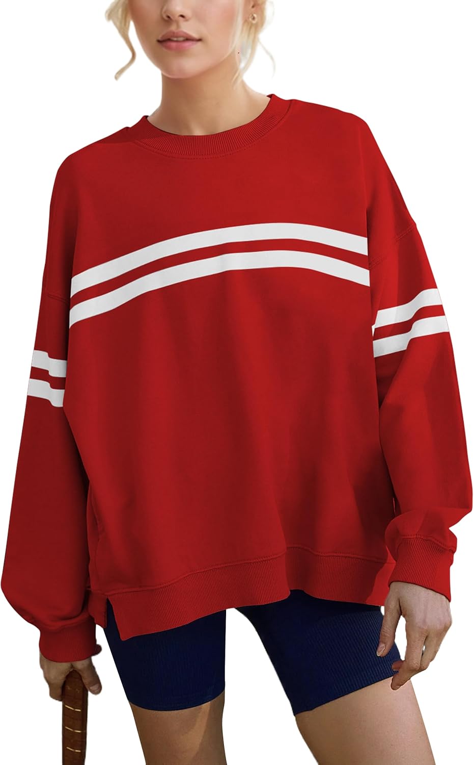 Casual Striped Oversized Sweatshirts For Women Color Block Long Sleeve Crew Neck Sweatshirt Loose Pullover Shirt Tops