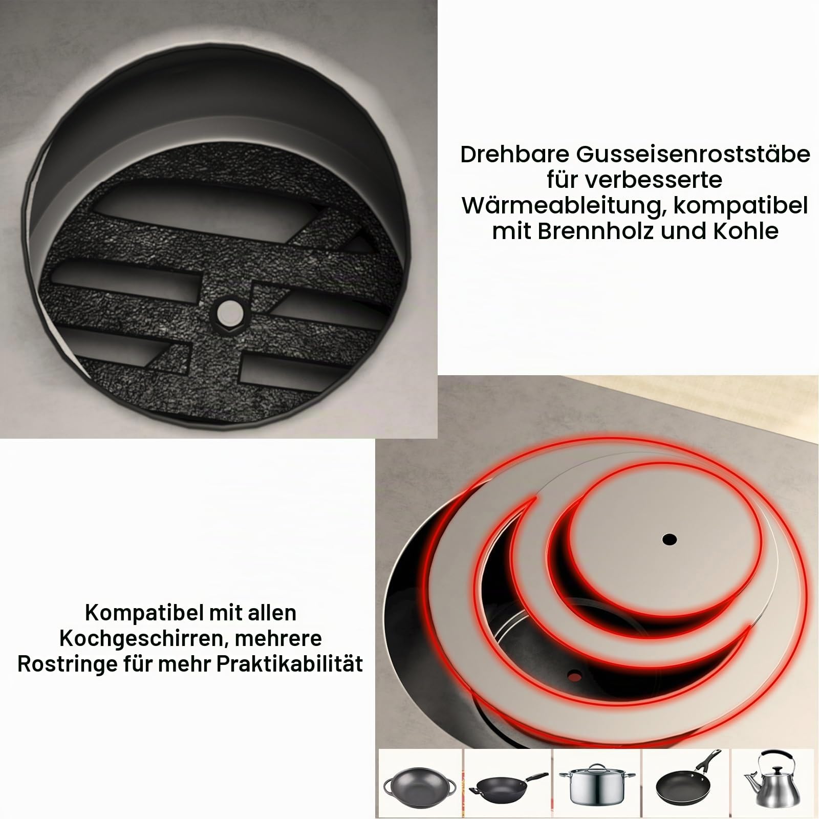 Holzofen aus Gusseisen, Verdickter Holzheizofen for Den Innenbereich, Inklusive Verbrühungsschutz und Zubehör, Zum Kochen, Heizen, Picknick, Wandern, Grillen, Reisen, Wohnmobil