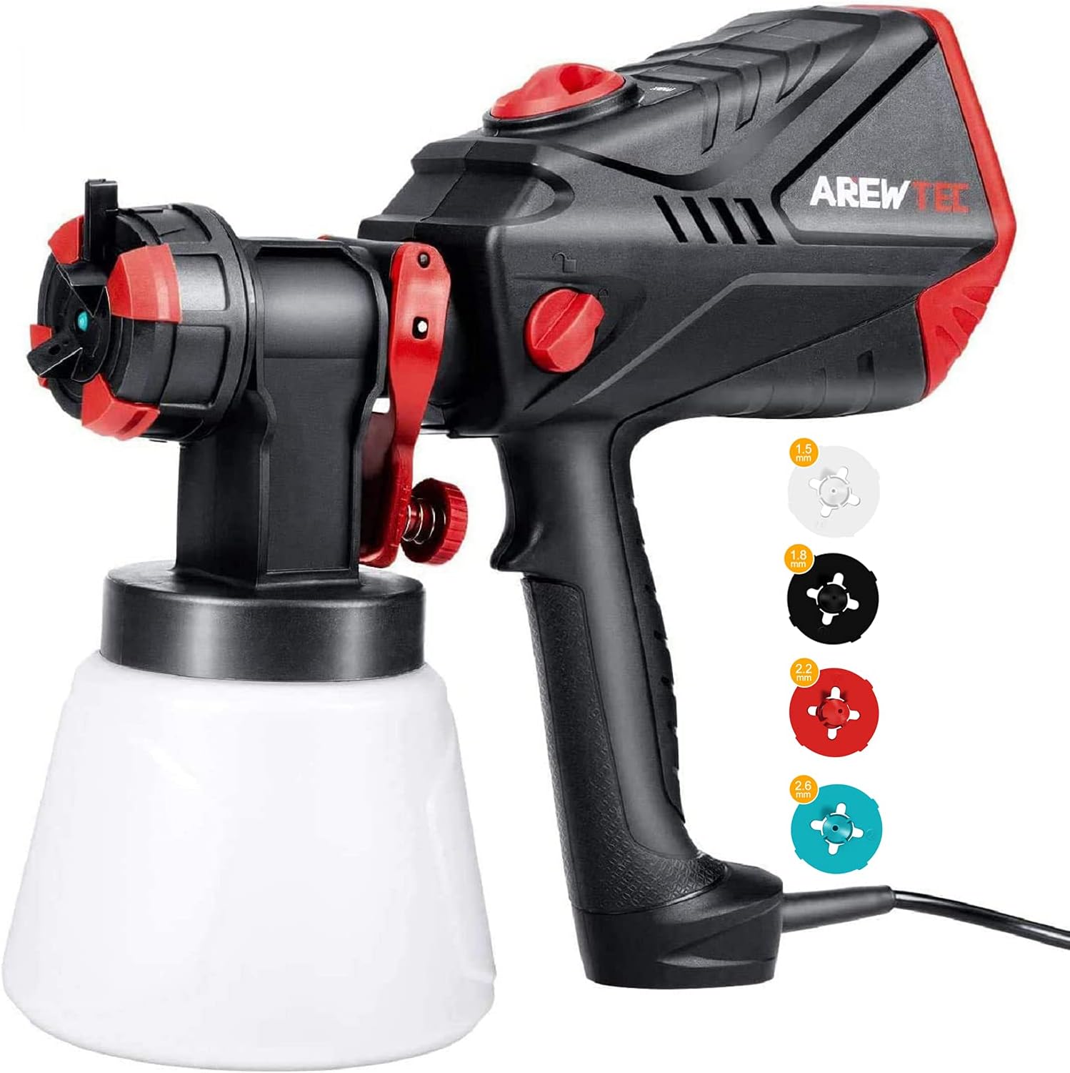 Pistola A Spruzzo Elettrica AREWTEC 600W - HVLP, Contenitore 1000 Ml, 4 Ugelli, 3 Modalità Di Spruzzo, Portata 1200 Ml/min