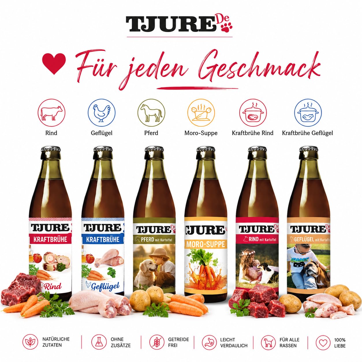 TJURE Hunde Smoothie All in One Paket | Huhn | Rind | Lamm | Moro | Geflügel | Pferd | 6 x 320ml | Als Topping & Snack für Hunde | Zutaten in Lebensmittelqualität | Getreidefrei | Made in Germany
