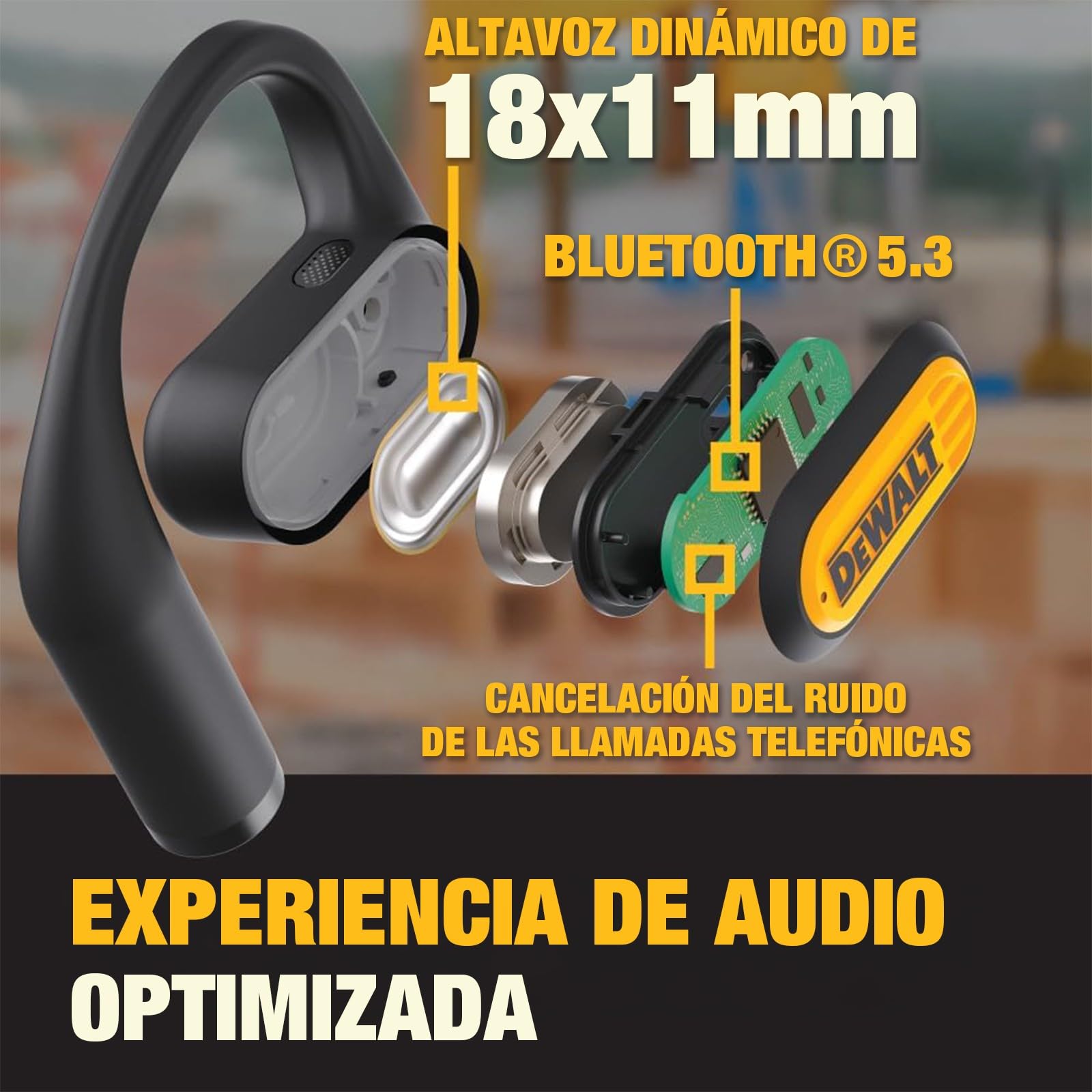 DEWALT Heavy Duty Open Ear Headphones Bluetooth 5.3, Auriculares Open Ear Inalámbricos IP55, 44H Autonomía, True Wireless Air Conduction con Earhooks para Trabajo, Deporte y Obra