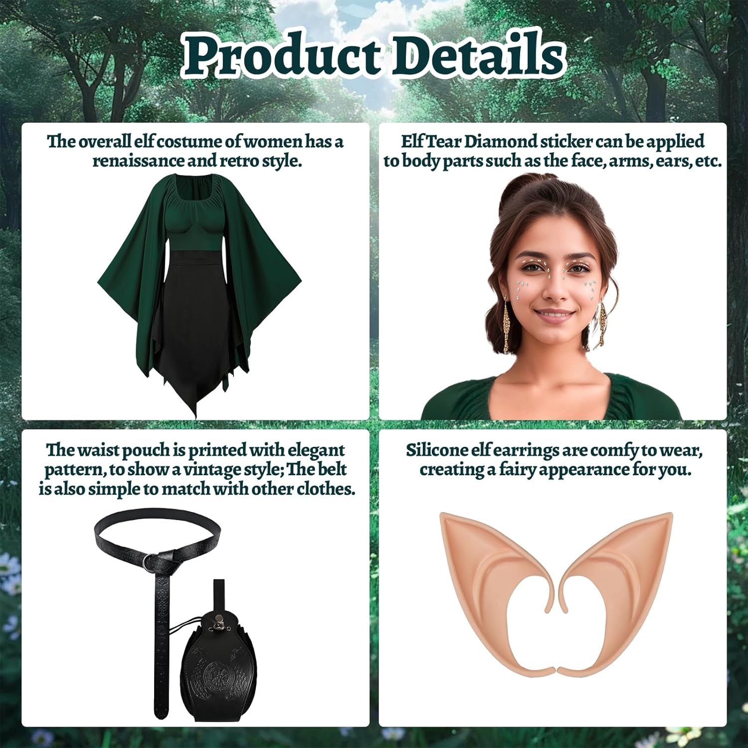 8PCS Women Elf Costume Renaissance Traditional Irish Dress Fairy Costume Halloween Medieval Dress - Image 6