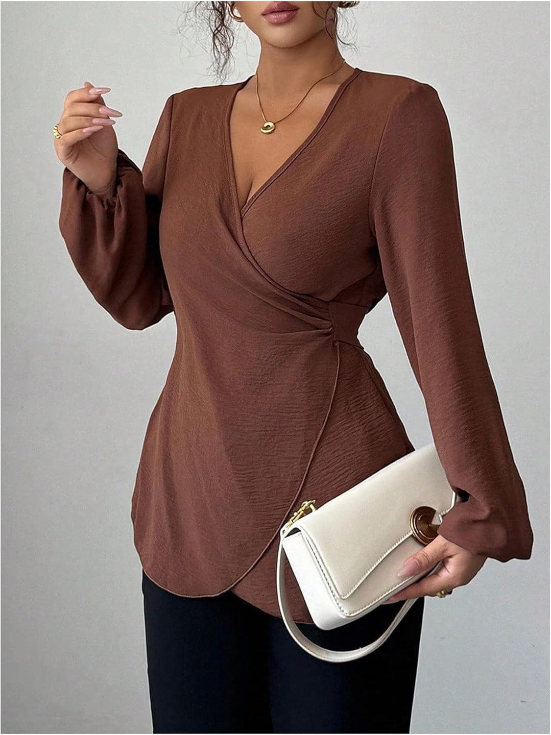 MakeMeChic Women's Wrap V Neck Blouse Lantern Sleeve Tie Back Business Dressy Shirt Tops - Image 5