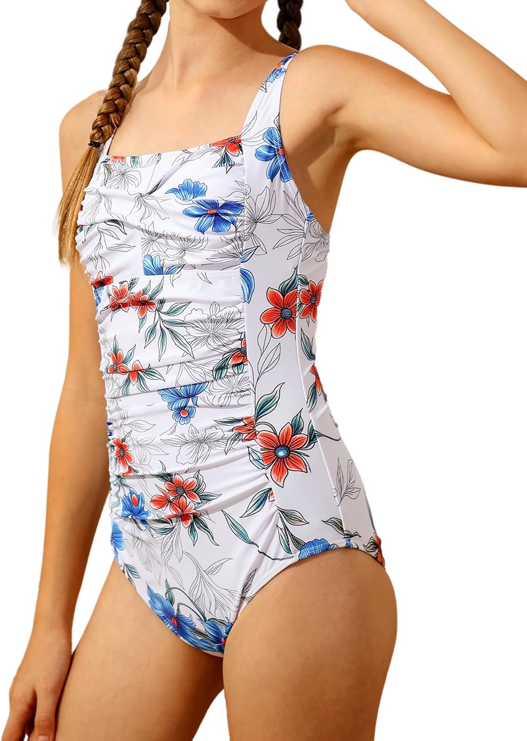 Girl Swimsuit One Piece Solid Color Bathing Suit for Girls Ruched Adjustable Straps Padded Swimwear 11-16Y - Image 4