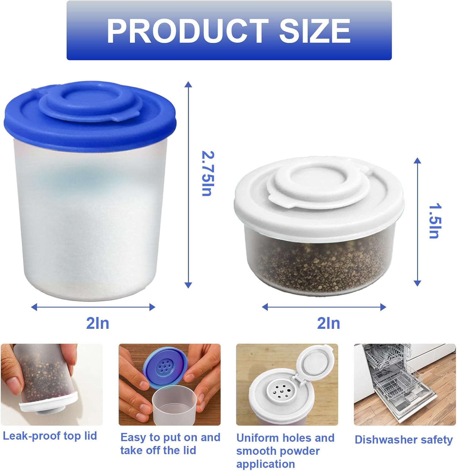 4 PCS Salt and Pepper Shakers Set, 2 Medium (3oz) & 2 Mini (1.36oz) Plastic Shakers with Lids, Leak Proof Seasoning Dispensers for Kitchen, Dining, Travel, and Camping (Deep Blue+White) image 4