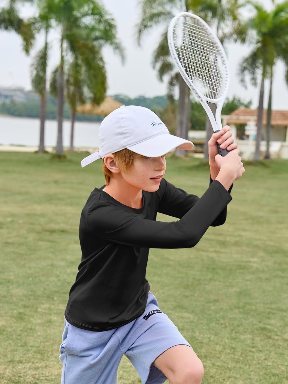 Haloumoning Boys Long Sleeve Shirts Dry Fit Athletic T Shirts for Teens Kids V-Neck Comfy Tops Tees 5-14 Years