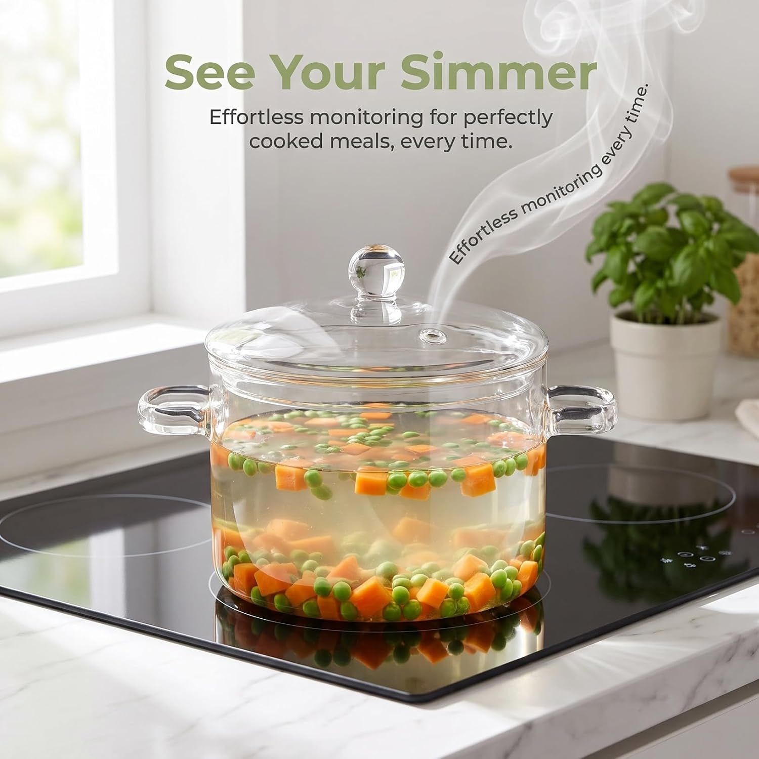 NUOBESTY Glass Soup Pot 1.9L Heat Resistant Borosilicate Cooking Pot with Lid and Double Ears for Home Stove Top Use Transparent Multi-Functional Cookware
