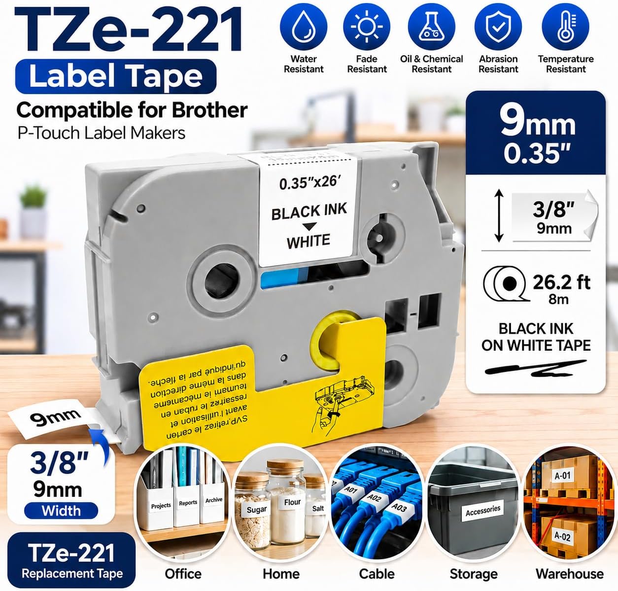 TZe-221 9mm 0.35'' Replacement Label for Brother P-Touch Maker Laminated White Tape Refills TZ221 TZe221 for PT-D210 PT-H110 PT-D220 PT-D400, File Folder Office School Organization, 3/8 Inch, 26.2'