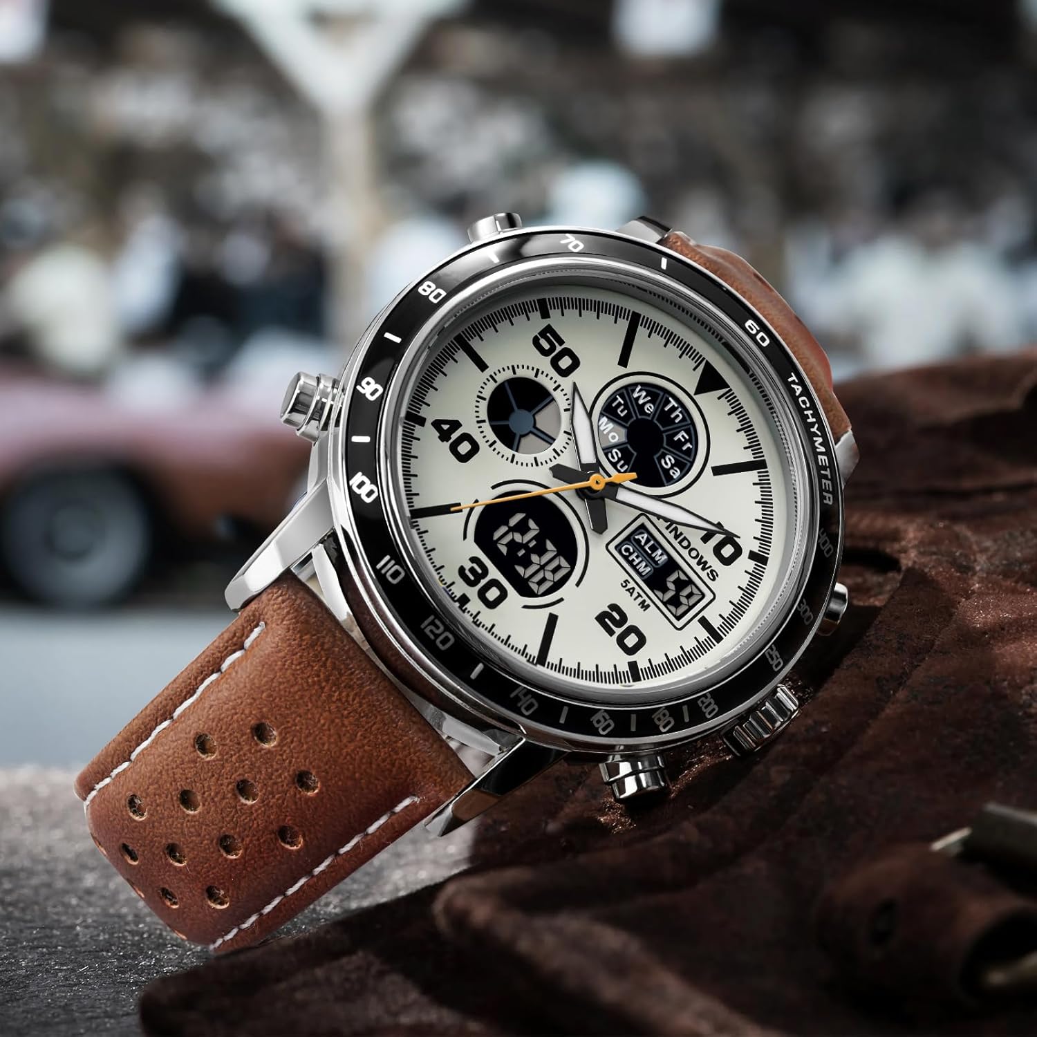 PINDOWS Watches for Men, 30M Waterproof Military Digital Analog Outdoor Sport Watch Multifunctional Wristwatch with Dual Time LED Backlight Alarm Stopwatch Calendar - Image 7